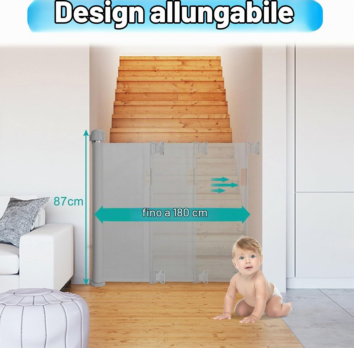 LARS360 Griglia di protezione per scale estensibile, 0 – 180 cm, per porta di sicurezza, per interni ed esterni (grigio)
