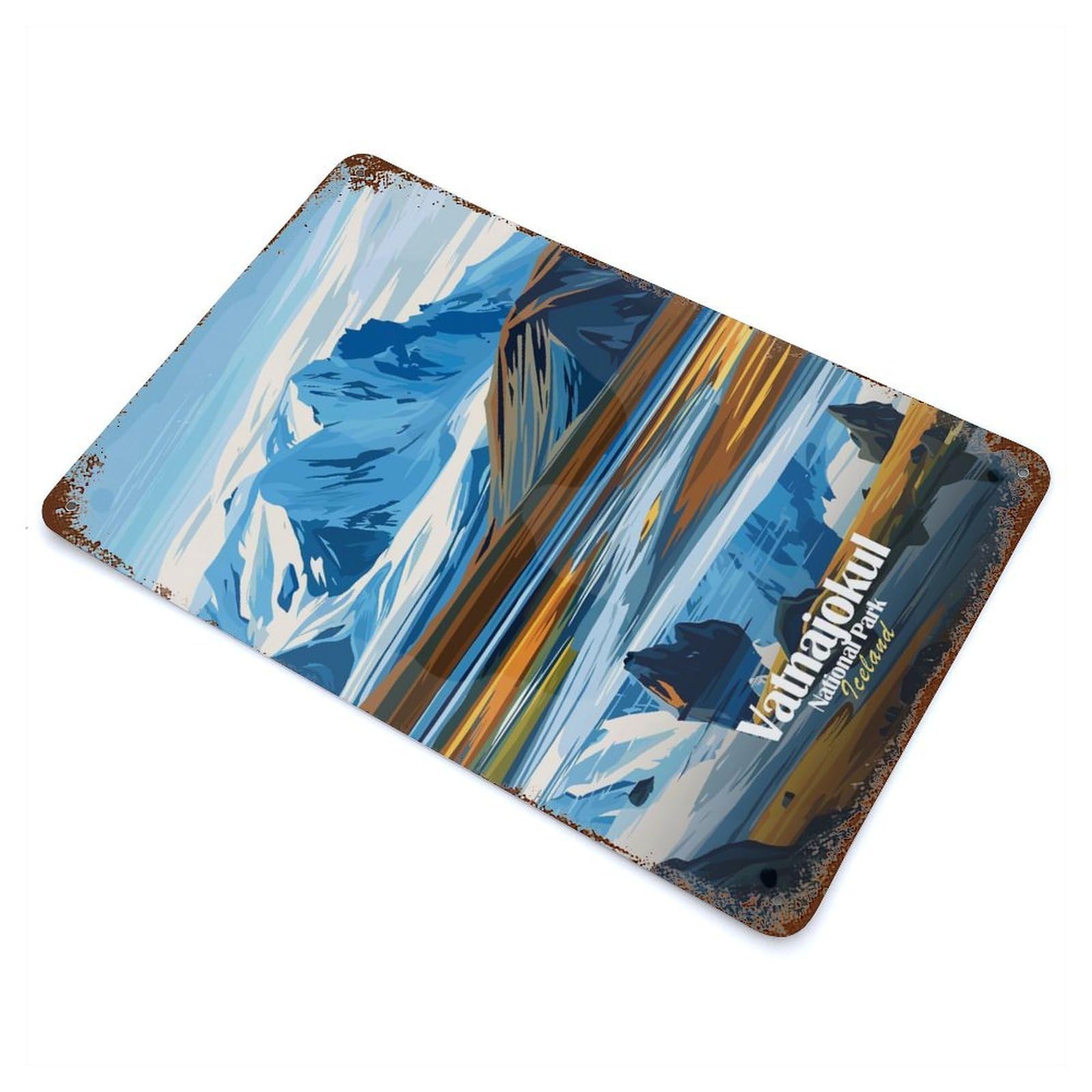 Rustic Tin Plaque with Vatnajokull National Park Iceland Design 11.8"x7.9", for Cafe, Home Bar And Lounge Decor, Industrial Home Decor