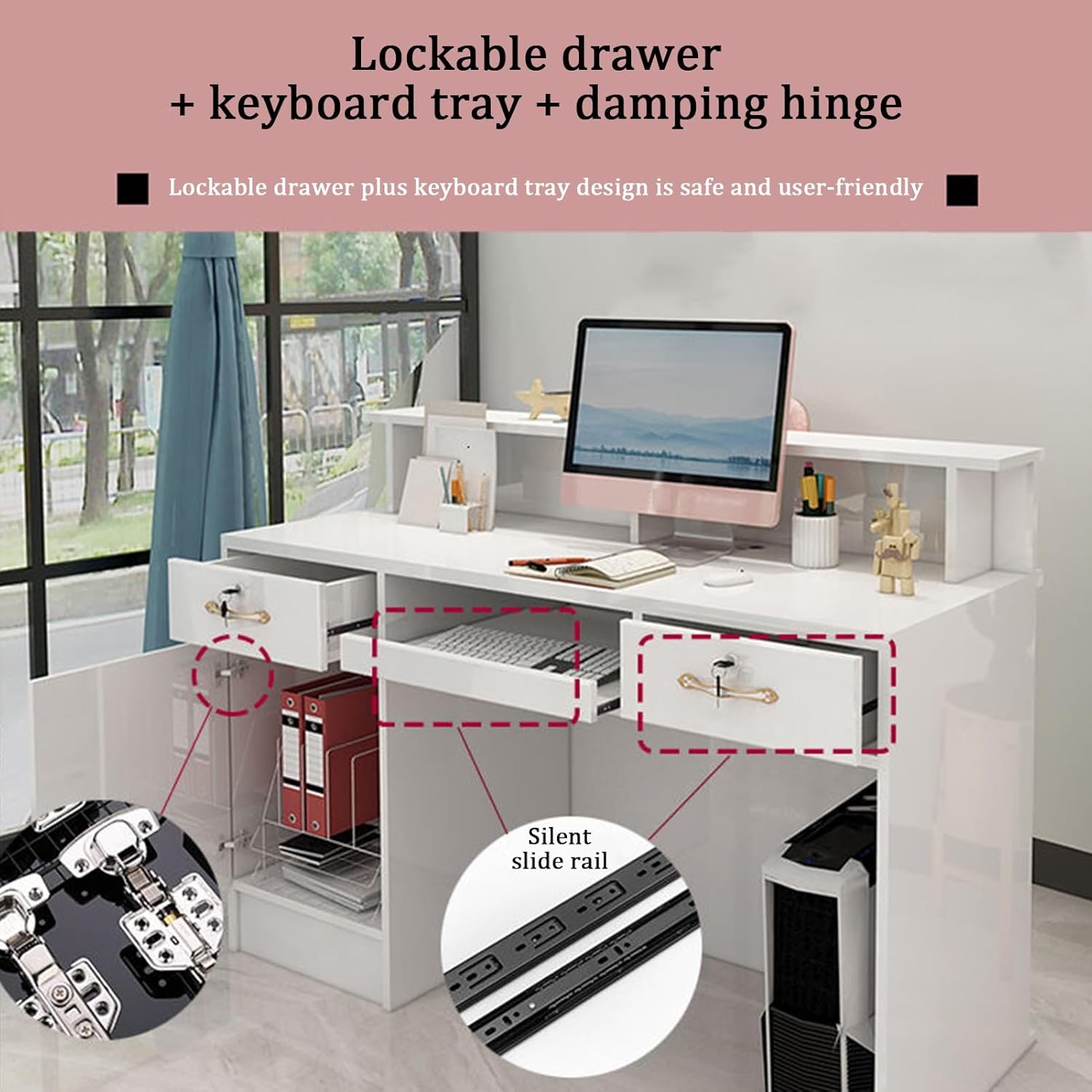 YVYKFZD Reception Desk, L-Shap Front Desk Reception, Reception Counter Desk with Display Shelf and Lockable Drawers, Standing Retail Checkout Counter Table(Warm White,31.4"x19.6"x39.3")