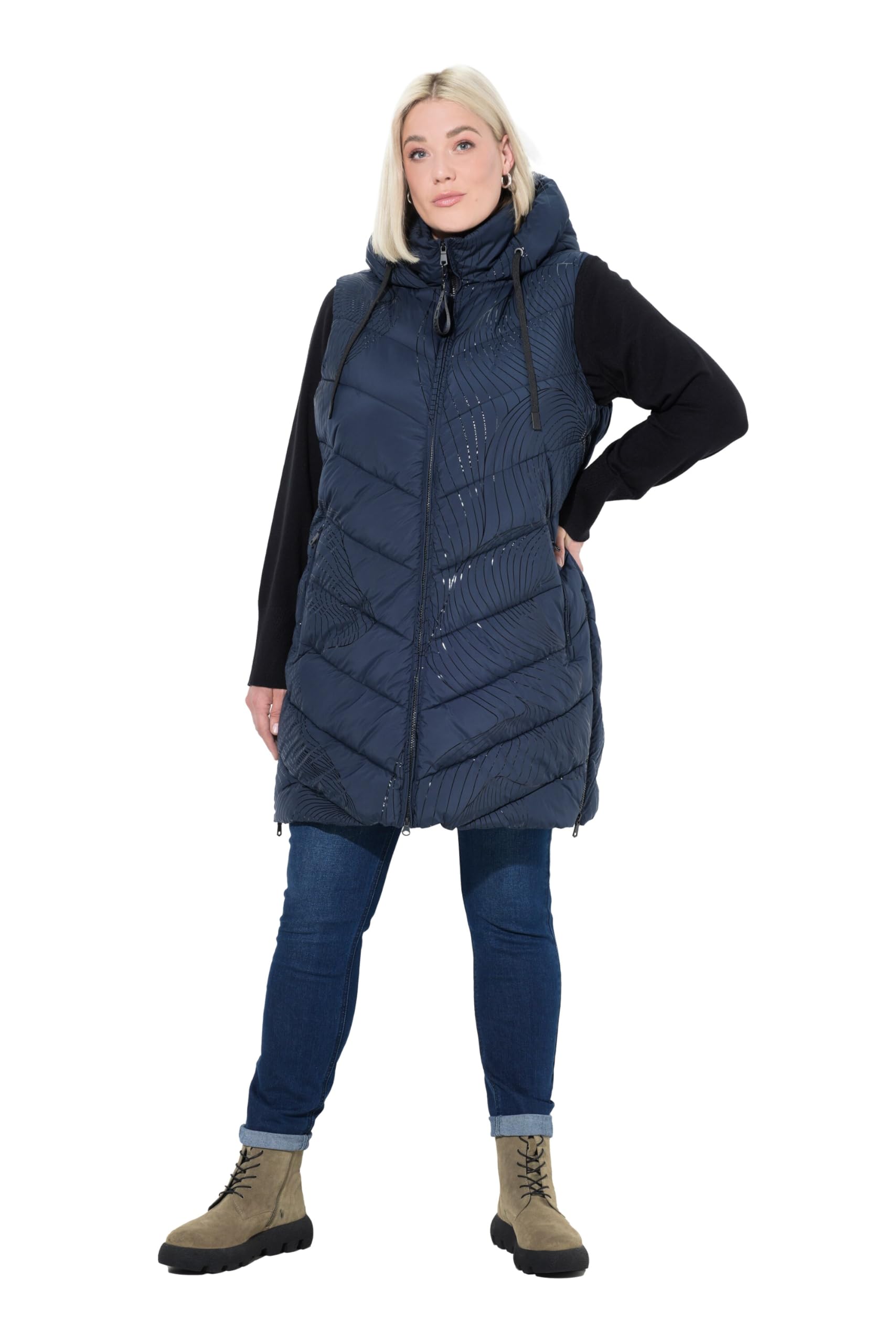 Ulla Popken Damen große Größen Übergrößen Plus Size HYPRAR Long-Steppweste, Kapuze, Seiten-Reißverschluss 842362