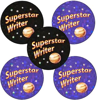 150 Holographic Sparkly Superstar Writer Planets Space Literacy Childrens Pupils Schools Praise Teachers Reward Stickers 25mm Primary Teaching Services