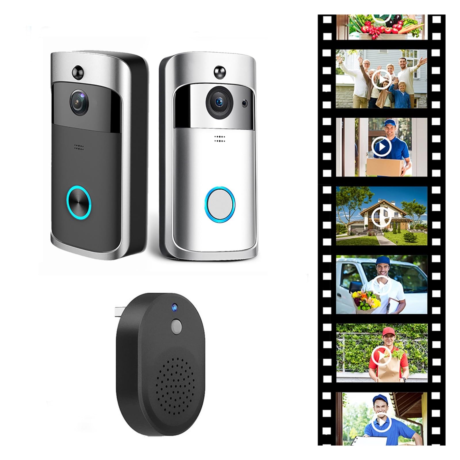 WIFI Bezprzewodowy Inteligentny Dzwonek Do Drzwi Night VisionVoice Wideodomofon PIR Wykrywanie Ruchu Antywłamaniowy Aparat Telefoniczny WyraźNy Wyświetlacz Ochrona Każdą Pogodę(Silver black)