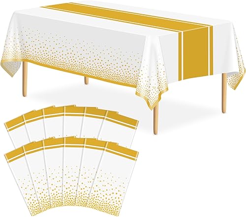 Paquete de 12 manteles blancos y dorados para decoración de fiesta, mantel de plástico blanco estampado dorado de 54 x 108 pulgadas, mantel