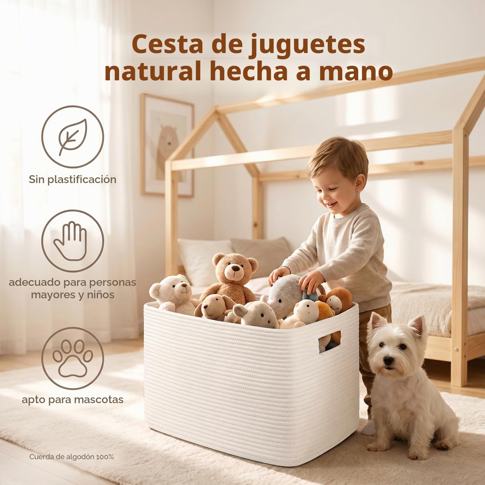 OIAHOMY Cesta grande de cuerda de algodón de 75 L con asa, cesta de almacenamiento tejida para mantas, juguetes, sala de estar y guardería, 22 x 17 x 12 pies, color blanco