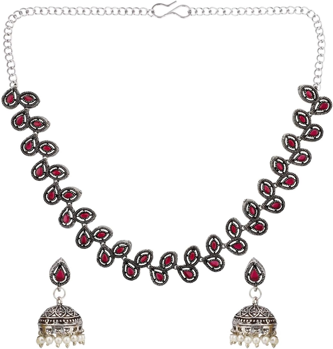 Efulgenz Indian Oxidized Jewelry Indian Jewelry Sets for Women Antique Boho Crystal Stone Necklace Sets with Faux Pearl Drop Jhumki Jhumka Dangle Earrings Choker Necklace Earrings Set Bohemian Jewelry Set for Women