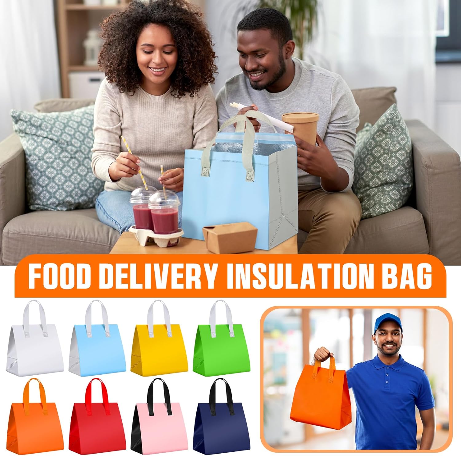 Kacctyen 200 Pcs Insulated Take Out Bags Bulk 9.5 x 6 x 9.5 in Disposable Cooler Bag for Coffee, Milk Tea, Insulation Food Delivery Bag for Hot Cold Food Catering Restaurant Grocery Picnic, Muticolor