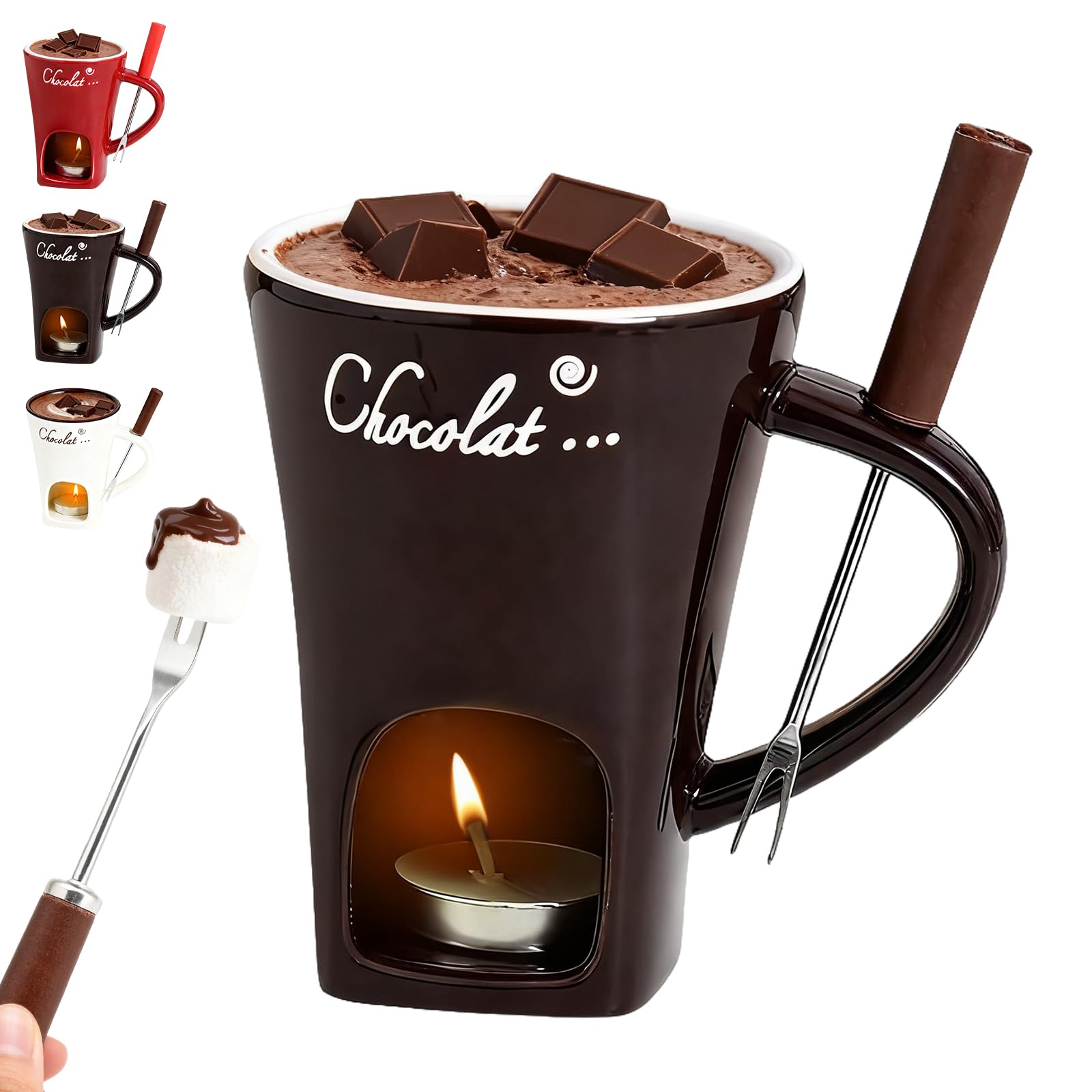 Chocolate Fondue Mug with Forks, Ceramic Chocolate Melting Cup Mini Cheese Melting Cup, Tealight Warmer Pot Set Fondue Mug for Butter Candy Caramel