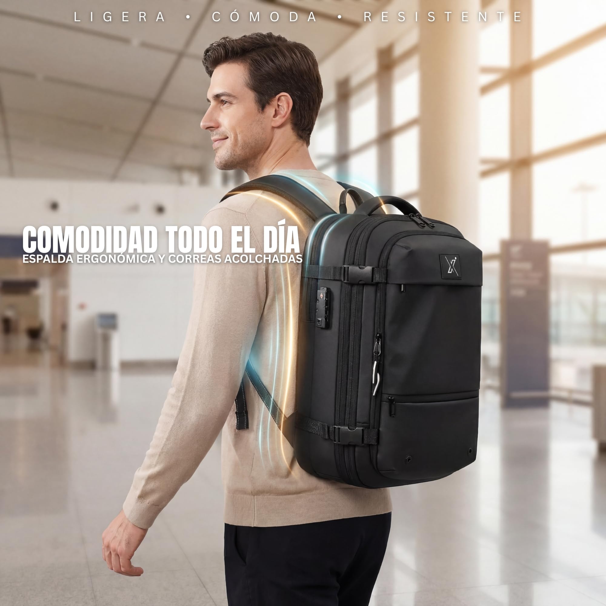 Mochila de Viaje Cabina 49x32x15 con Compresión al Vacío y Mini Bomba, Candado TSA, Portátil 17,3", Impermeable – Apta Ryanair y Vueling (Hombre y Mujer)