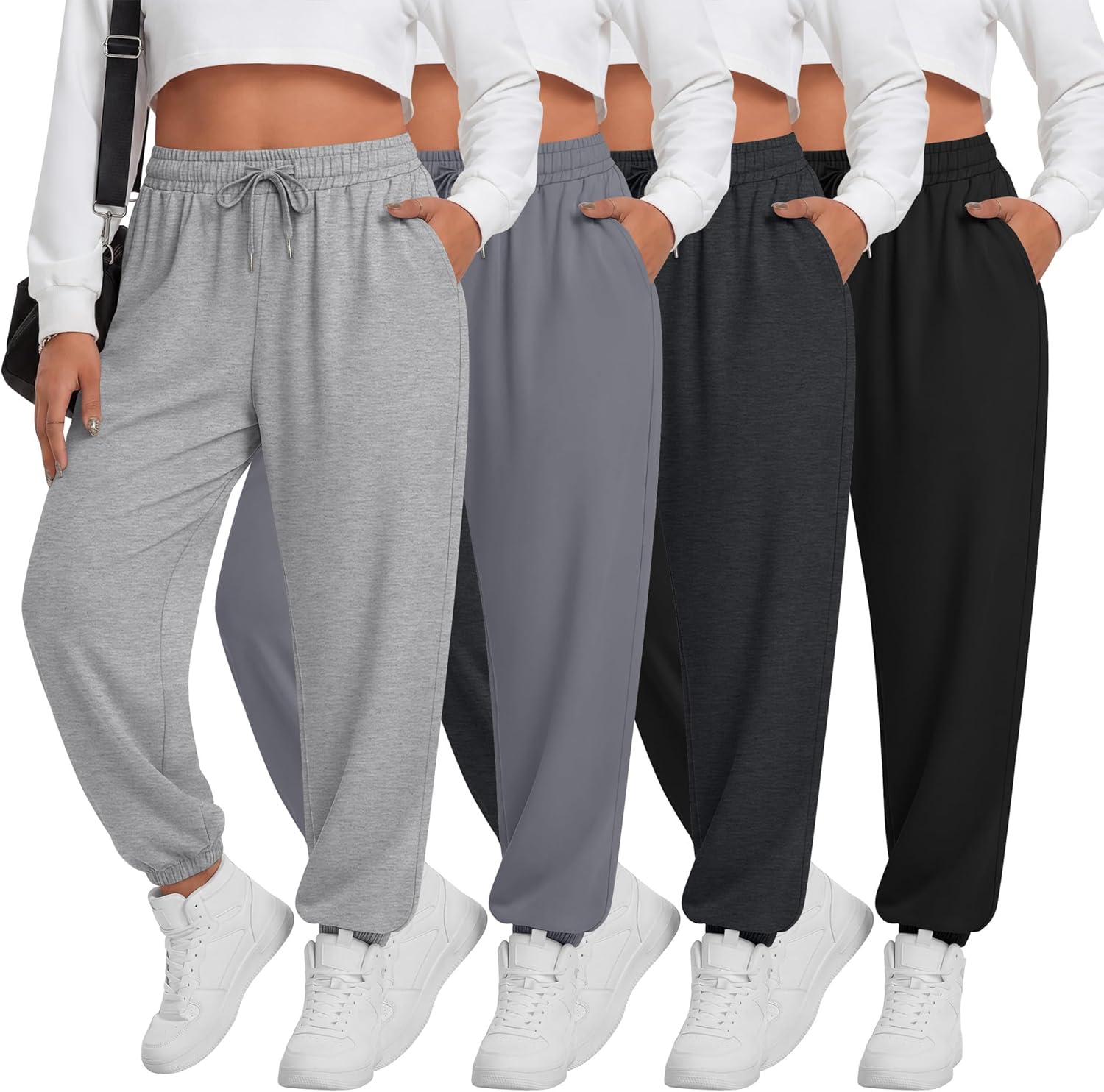 4 Pack Women’s Plus Size Sweatpants Drawstring Loose Fit Joggers Comfy Casual Athletic Yoga Pants with Pockets