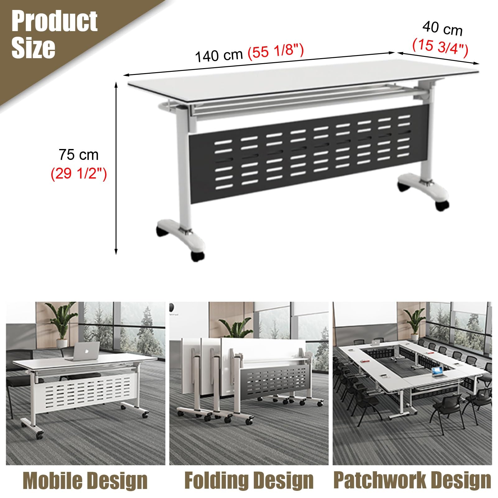 Mesa de Reuniones Mobile Foldable Conference Table, Save Space Rolling Meeting Table with Locking Wheels, Meeting/Training Table for Classroom or Office(White,140x40x75cm)