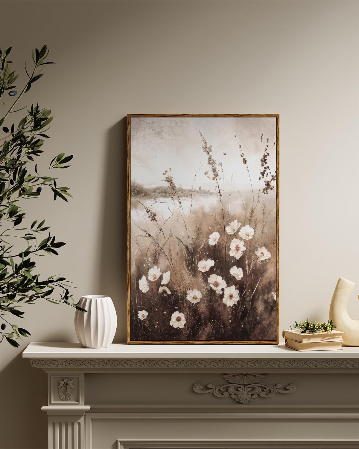 InSimSea Framed Wall Art for Living Room Landscape Canvas Wall Decor Meadow with Flowers Vintage Paintings Classical Wildflower Field Scene Boho Floral Pictures Decor for Bathroom Bedroom 16x24in