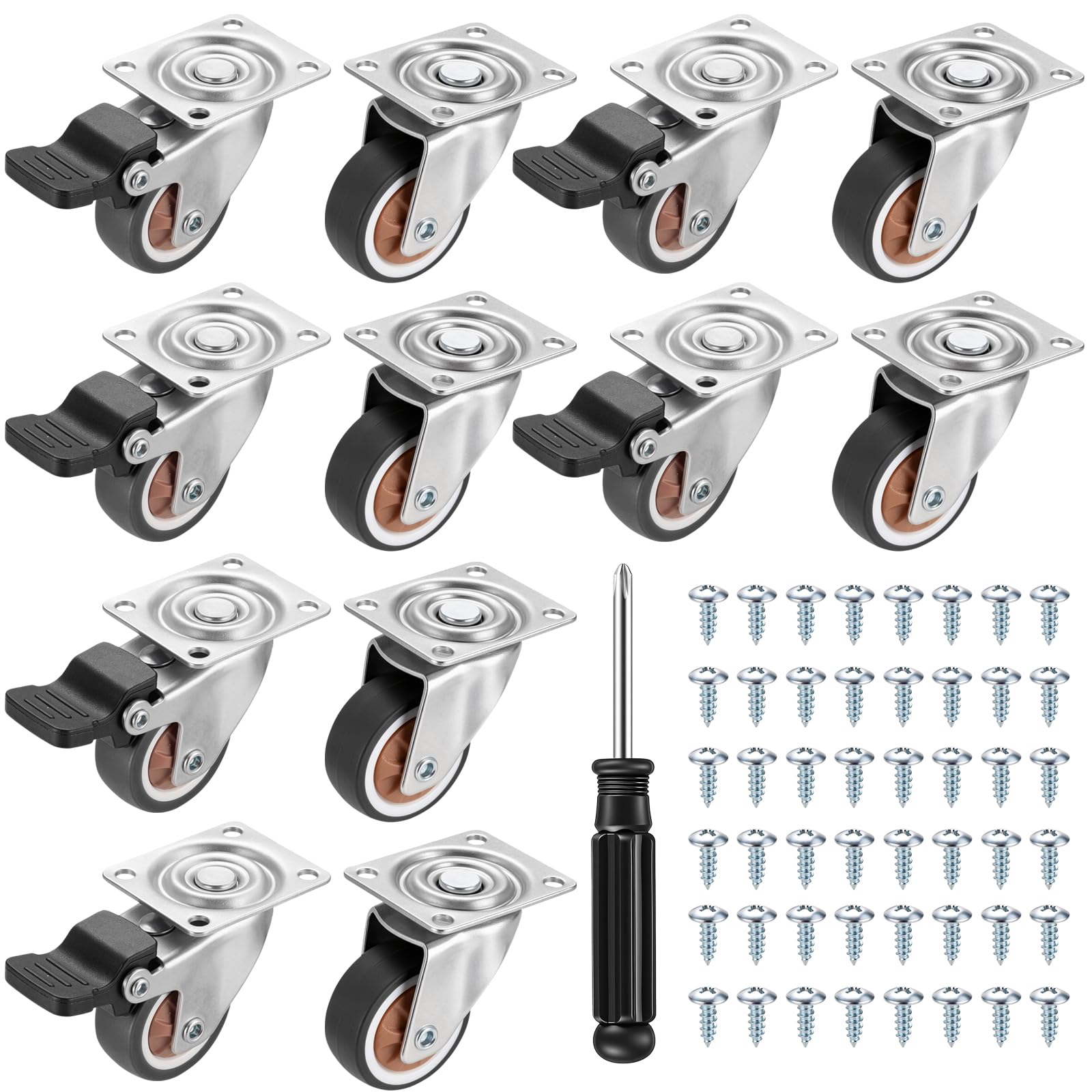 Biekezi 12 Pcs Swivel Caster Wheels 32mm Brown, Heavy Duty Furniture Castors with Brake