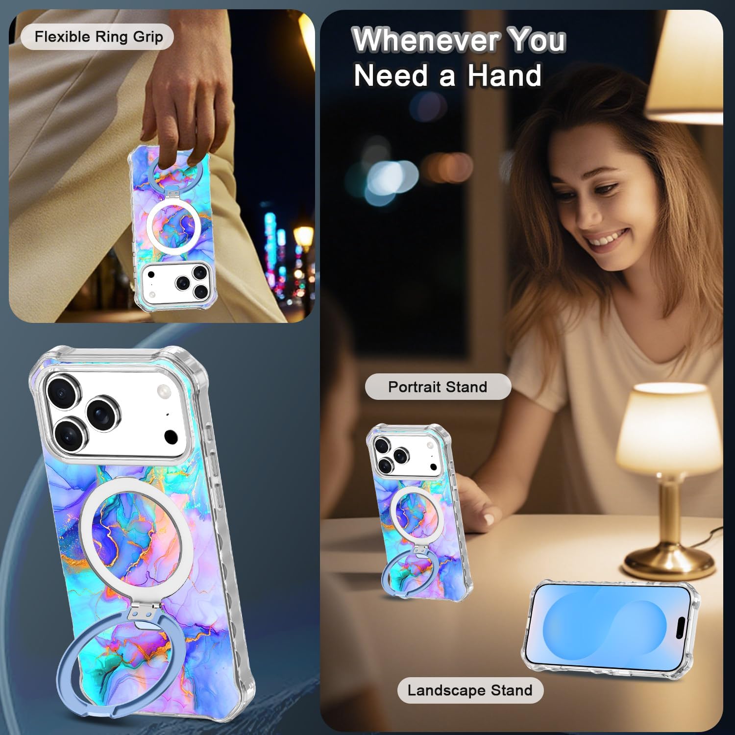 Shecaset for iPhone 17 Pro Case,[Compatible with MagSafe][Invisible Magnetic Ring Stand],Slim Iridescent Wavy Women Girls Case for Apple iPhone 17 Pro 6.3"(2025),All Blue Marble - Image 6