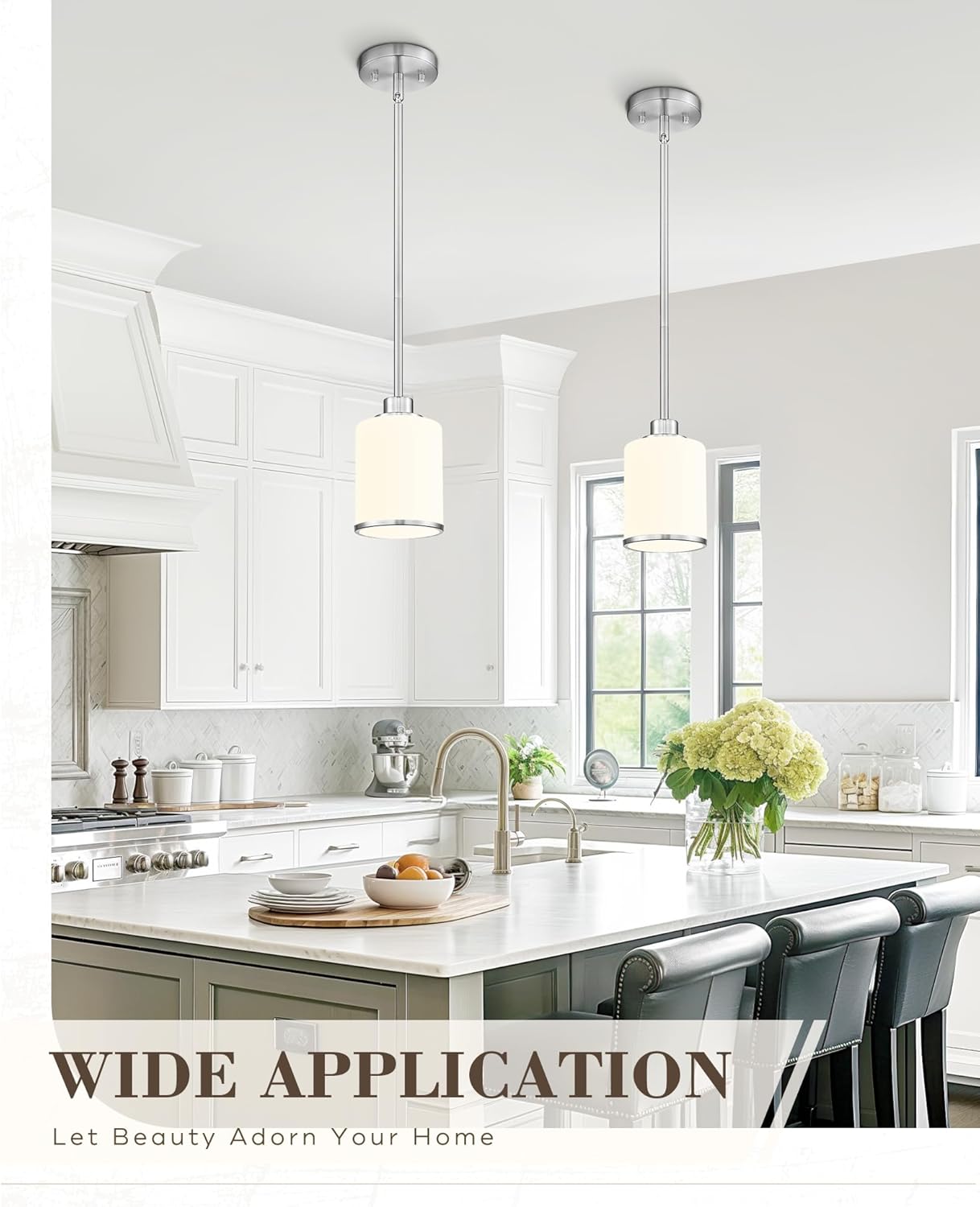 Beionxii Brushed Nickel Pendant Lights Kitchen Island 2 Pack, Hanging Lights Fixtures with Milk Glass, Kitchen Pendant Lighting Over Island, Hanging Lights for Sink Dining Room Entryway, BX-PL02BN-2