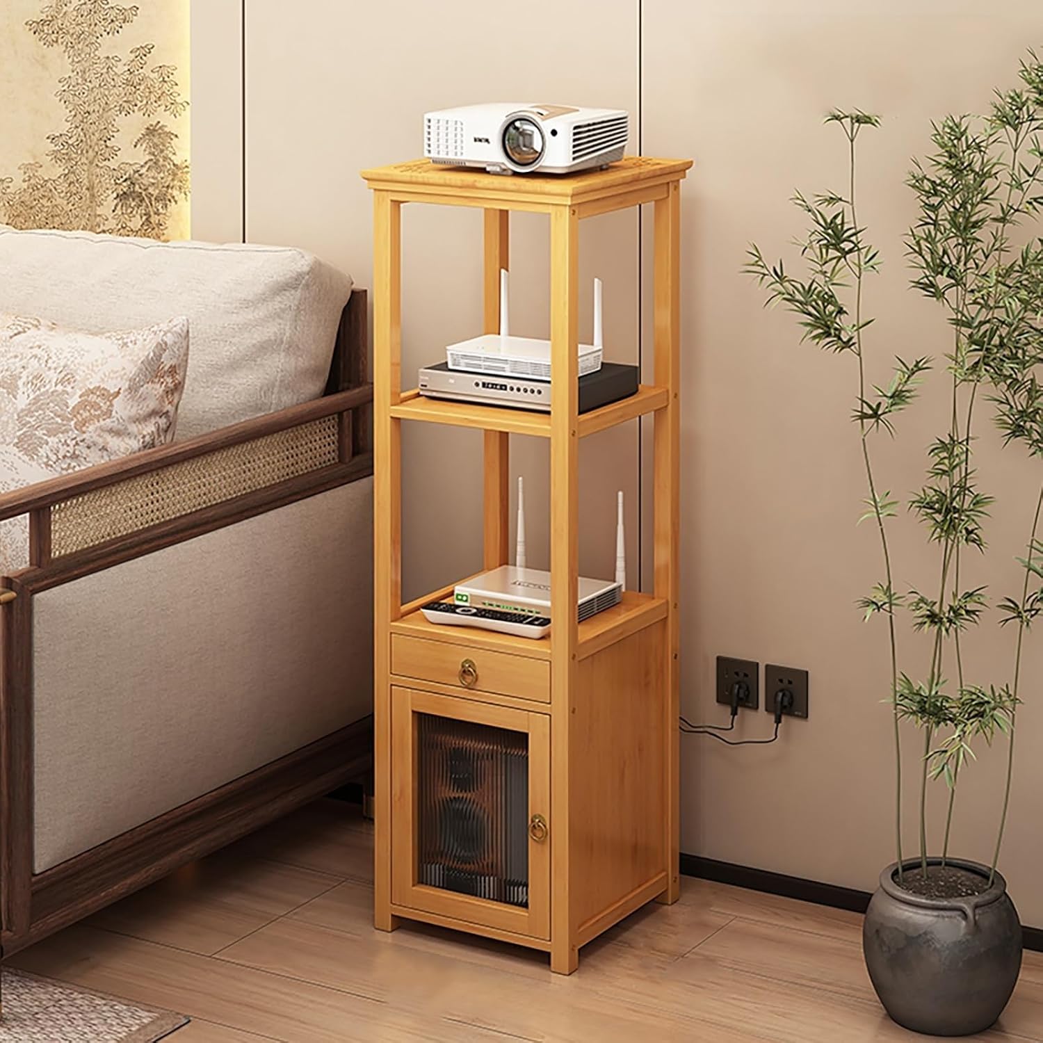 Storage Cabinet Wooden WiFi Router Box, Strong Load-Bearing Capacity Strong Legs Stylish Design with Ventilation & Cord Management(Primary Color,3 Layer)