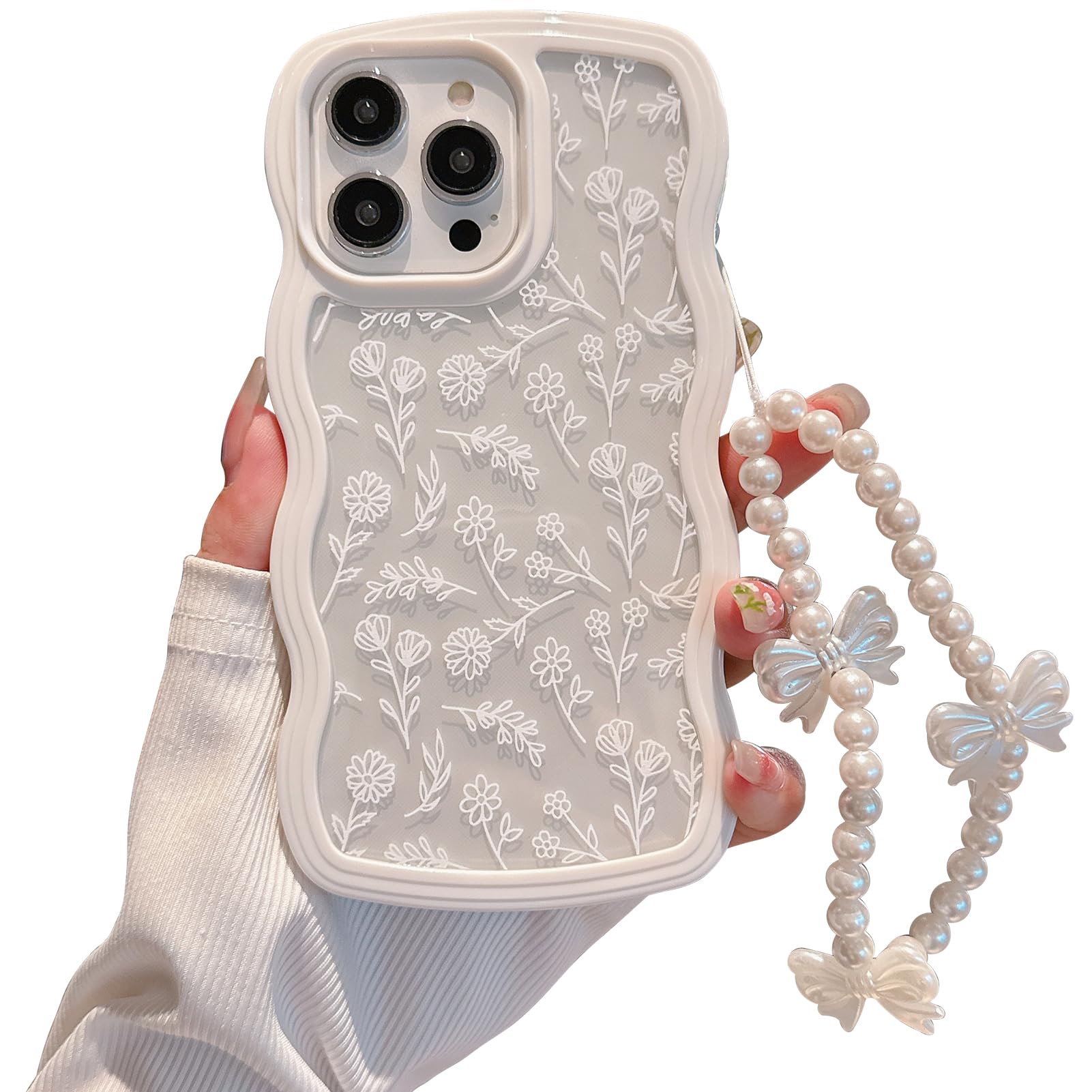 Dyale Compatible for iPhone 15 Pro Max Case for Women Girls,Cute Curly Wave Wavy Frame Shape Shockproof Soft TPU 2 in 1 with Bow Bracelet Flower