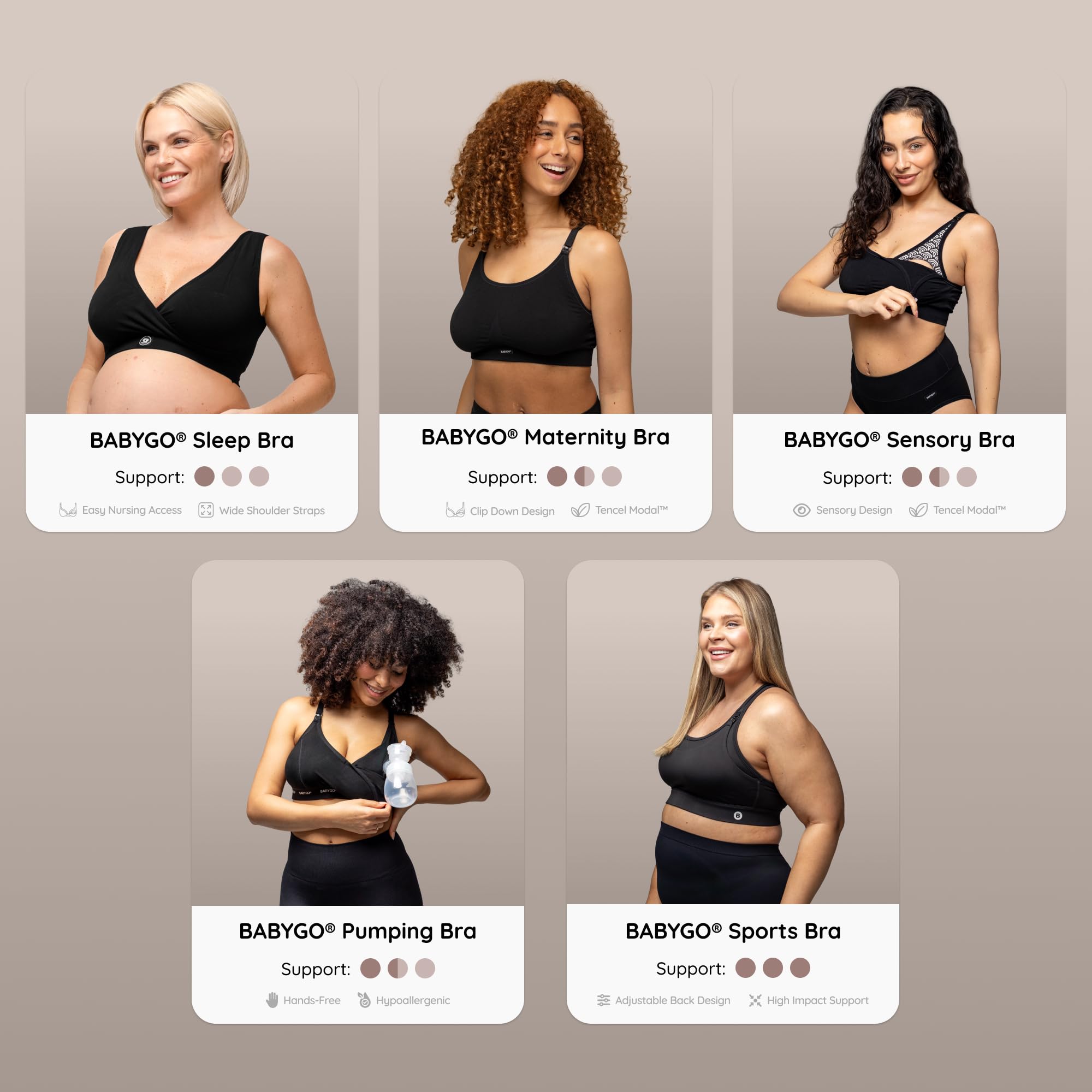 BABYGO® Reggiseno sportivo per allattamento al seno con supporto ad alto impatto, reggiseno premaman per gravidanza, senza cuciture, senza fili, con cuscinetti rimovibili per il massimo comfort, nero