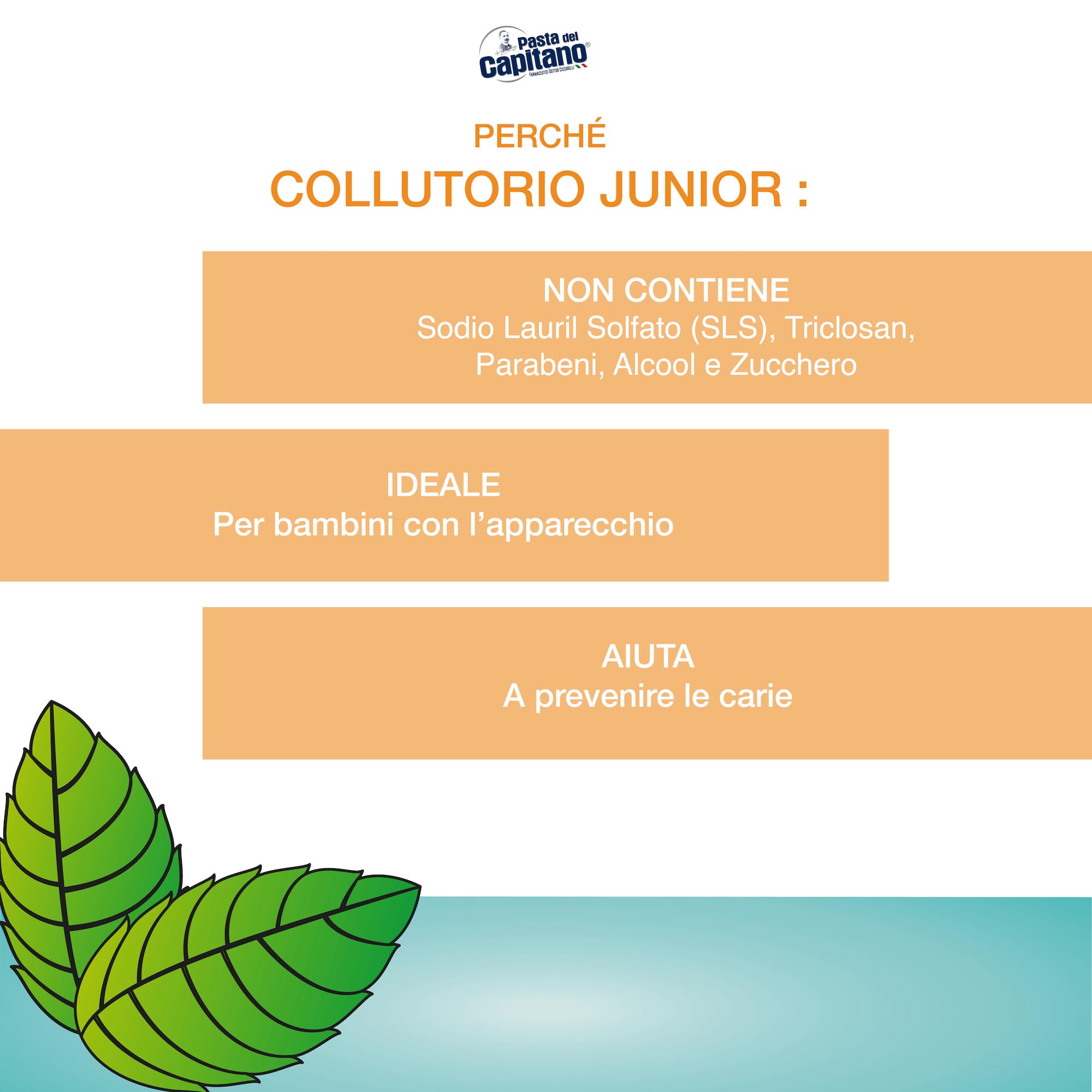 Pasta del Capitano, Collutorio Junior al Gusto Menta Dolce, Senza Alcool, Previene la Formazione di Carie, Ideale per Bambini a Partire dai 6 Anni di Età, 100% Made in Italy, Flacone da 400 ml