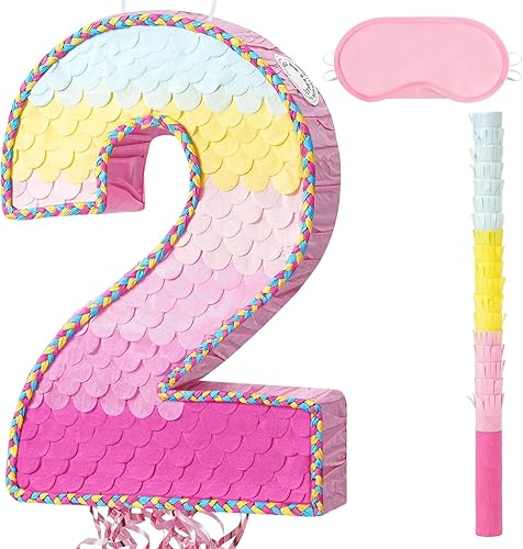 Miniatura 522 de WERNNSAI - Piñata de sirena plegable, piñata de cumpleaños con flecos que incluye cuerda para jalar, venda y bate. Decoraciones