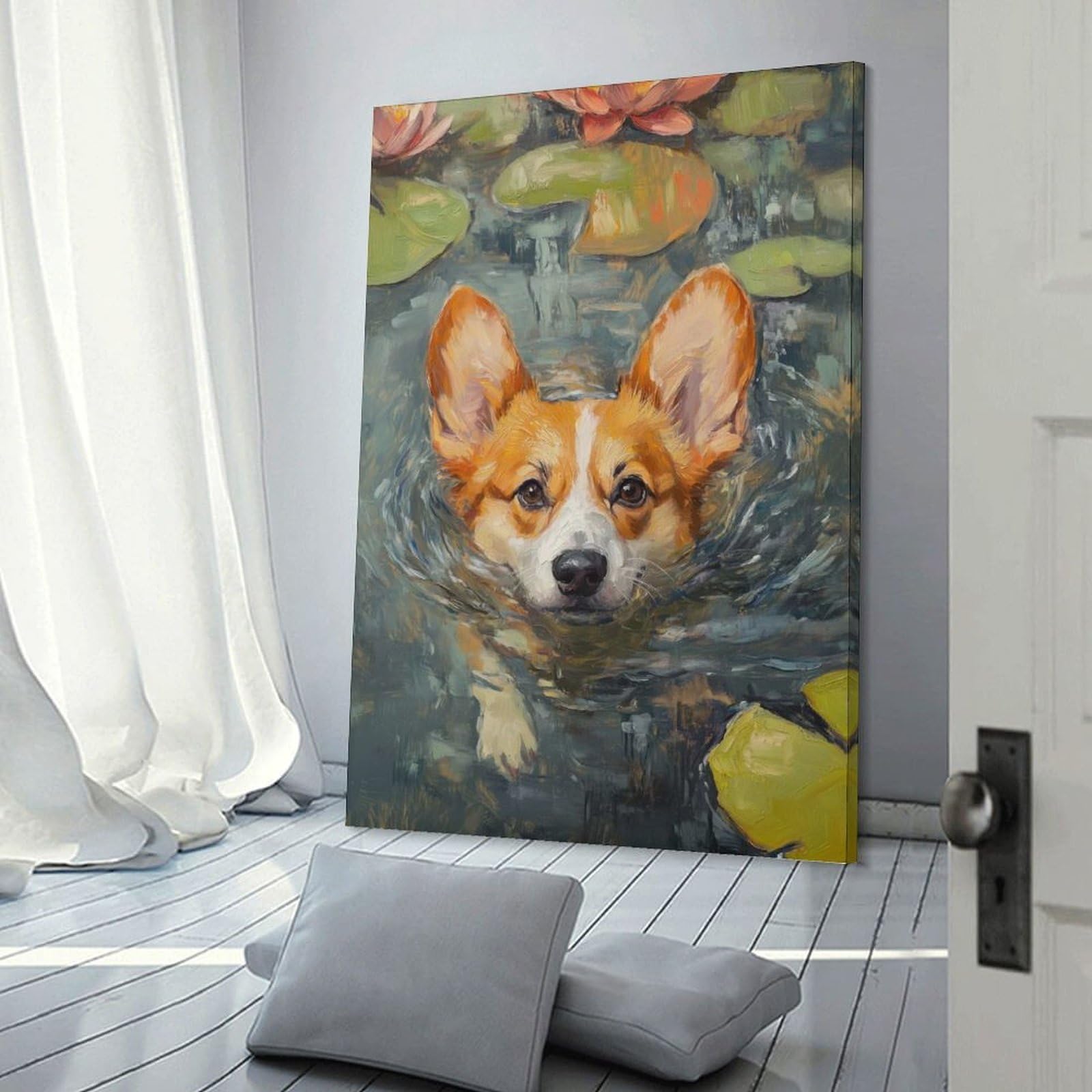 Junmoney Wall Art Print Corgi Swimming in Pond, 16x24inch(40x60cm), for Study, Office Or Focused Interiors, Decorative Artwork for Productive Spaces