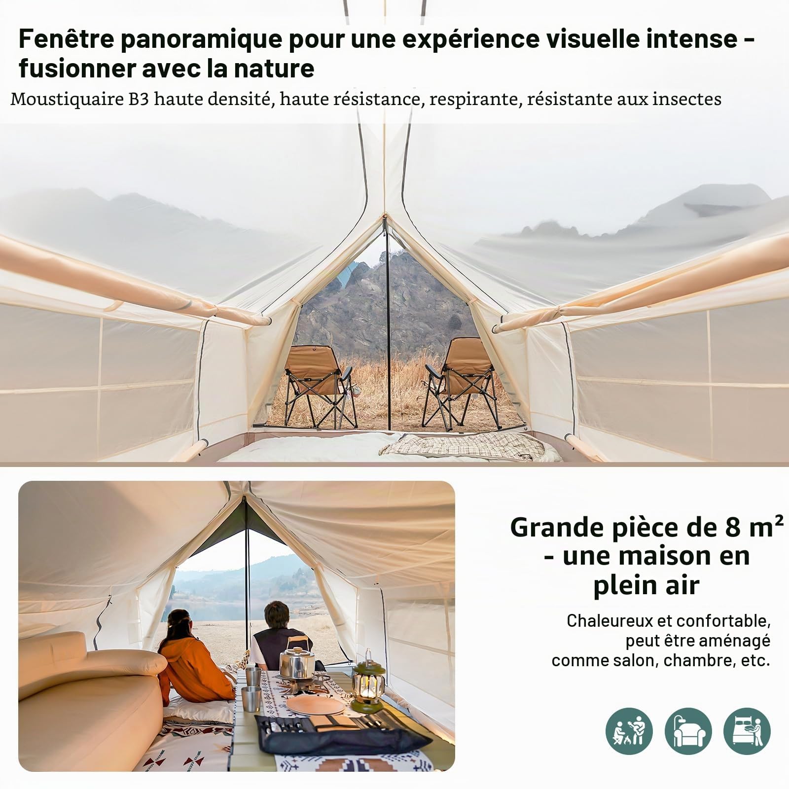 KingCamp Tente de camping pour 4 à 5 personnes - 210 g TC 150D - Tissu Oxford PU3000 mm - Étanche - 8 ㎡ - Grande tente d'extérieur pour camping, glamping, festivals, fêtes
