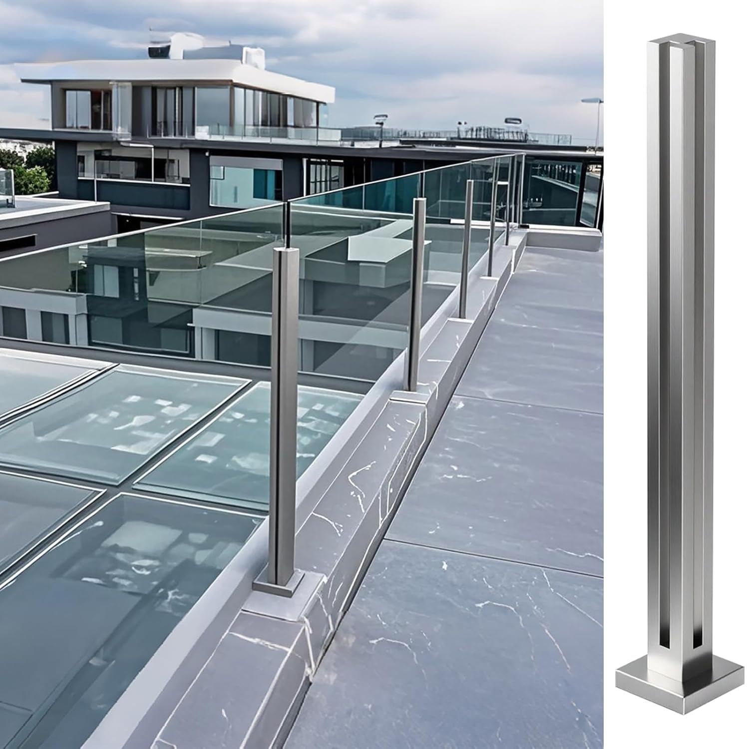 Heavy-Duty Glass Railing, 304 Stainless Steel Glass Railing Post with Spigot Slots & Sturdy Base, Balcony, Stairway, Deck, Patio (No handrails) Silver Corner Post 35in