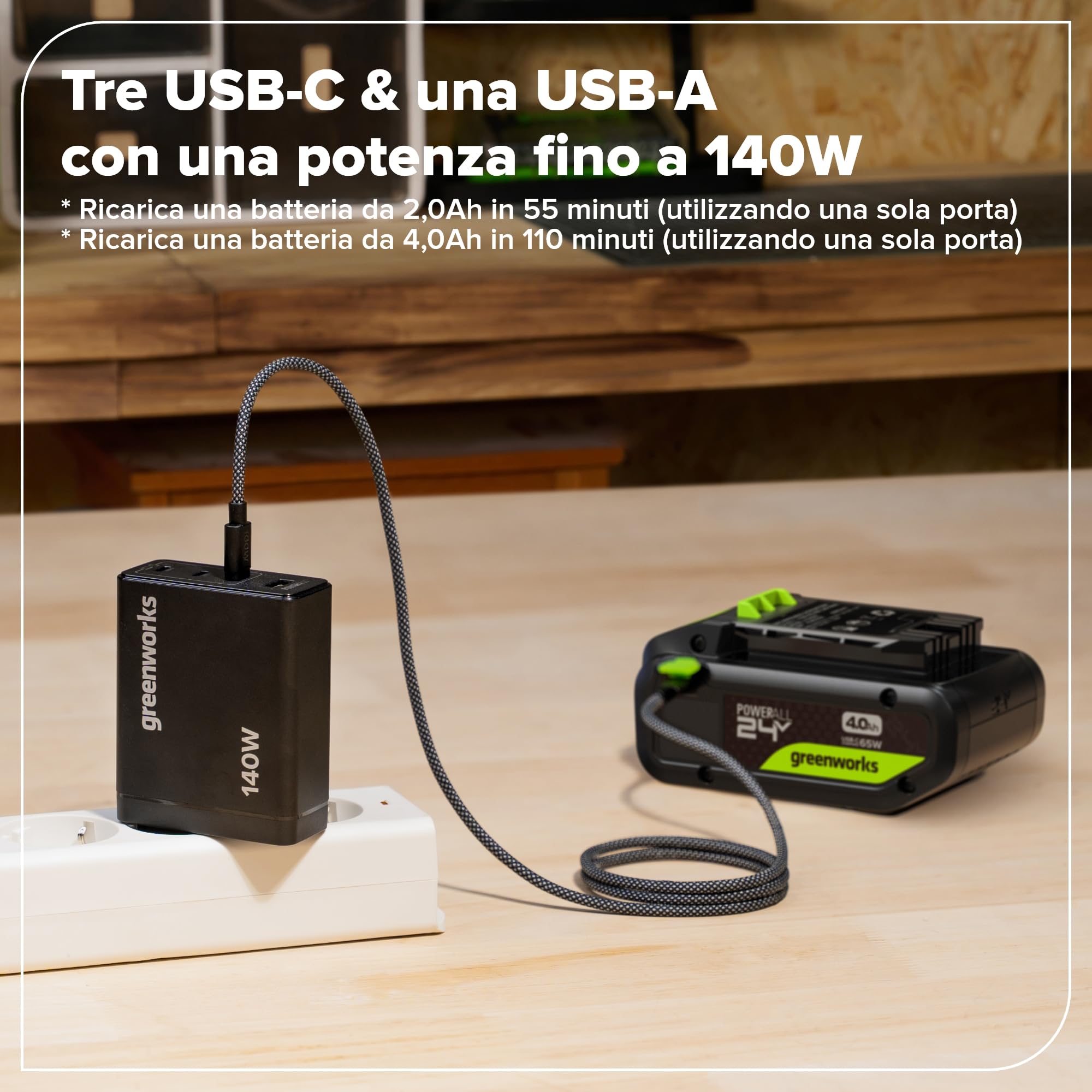 Greenworks 2Pack 24V 4Ah batteria ricaricabile USB-C & caricabatterie USB-C da 140W & cavo da 140W, batteria compatibile con tutti gli dispositivi Greenworks da 24V, 2 anni di garanzia - K2D8DEA