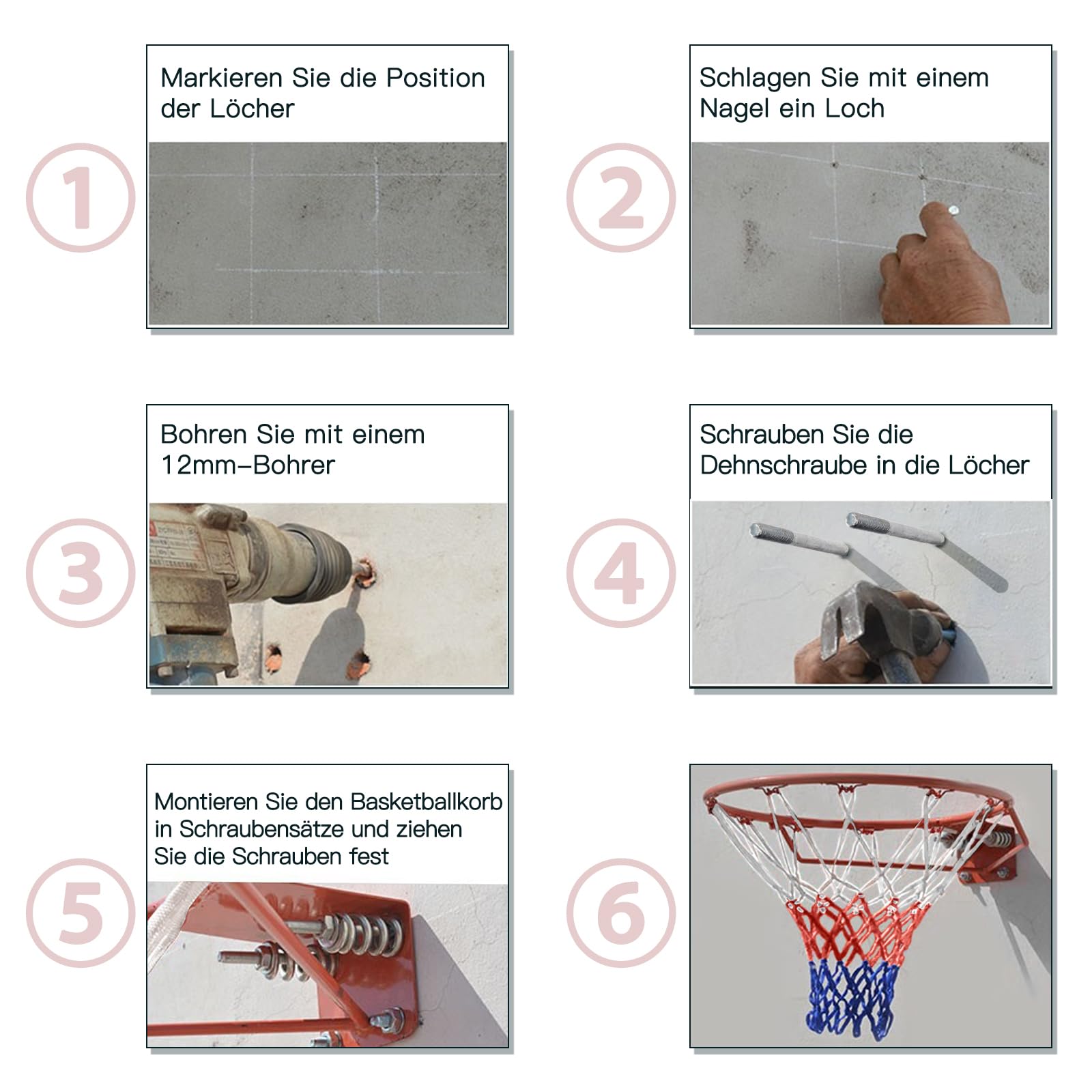 Dripex Canestro da basket massiccio, diametro 45 cm, montaggio a parete, rete da basket con anello in acciaio, anello da basket con rete per interni ed esterni