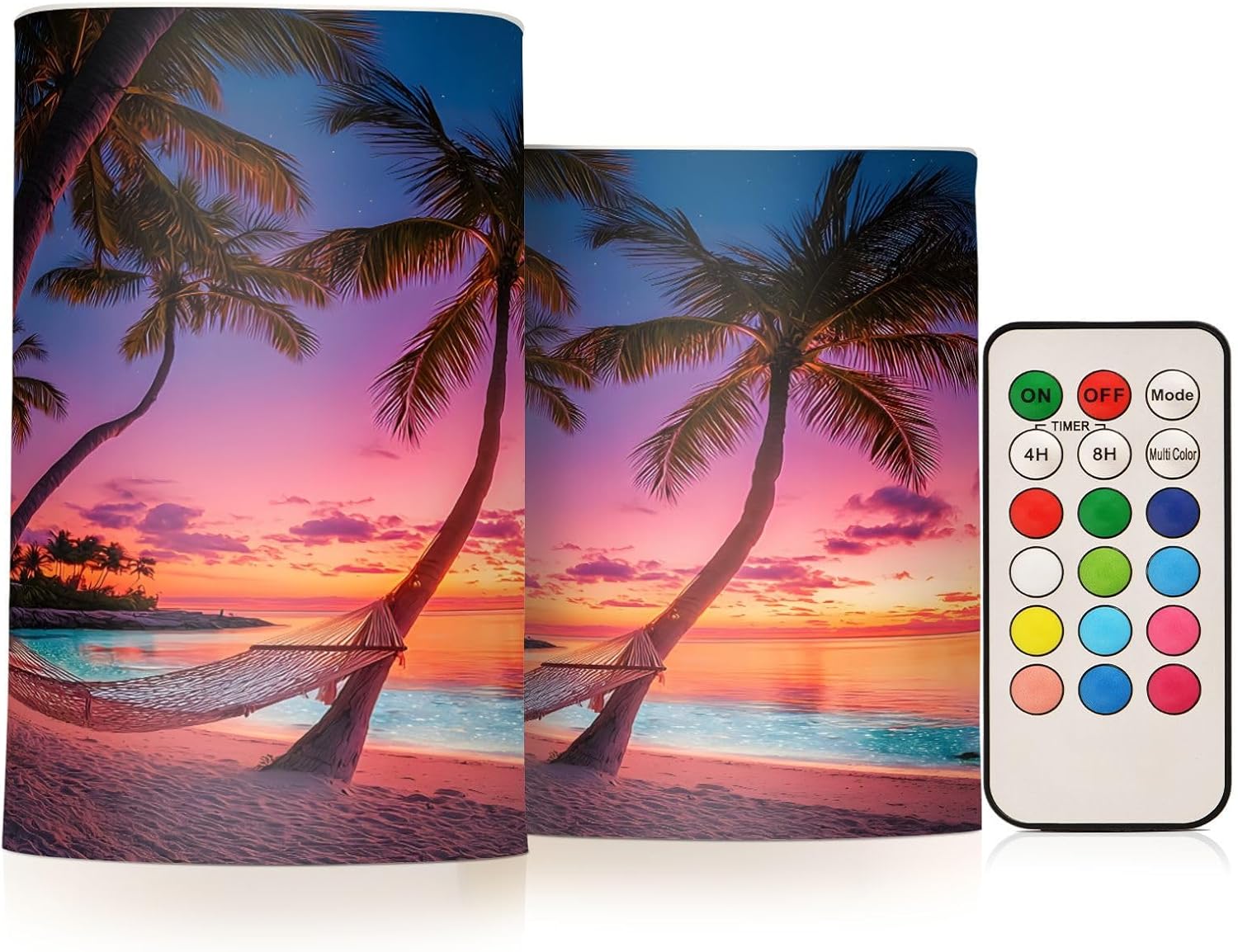 ALAZA Sunset Beach Ocean Palm Tree Flickering Flameless Candles Pillar Led Candles Battery Operated Candles with Remote and Timers Set of 2