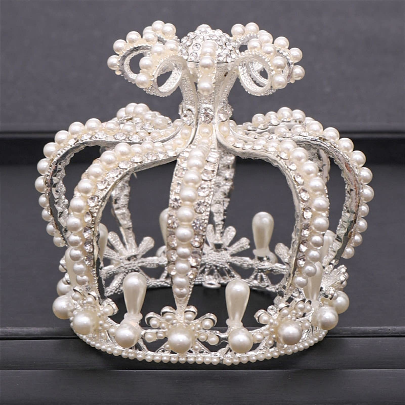 Tocados de Boda Tocado Nupcial Cristal Pearl Diadem Diade Corona Redonda Tiara Joyería Fiesta de cumpleaños Accesorios para el Cabello Tocado Novia (Metal Color : Silver)