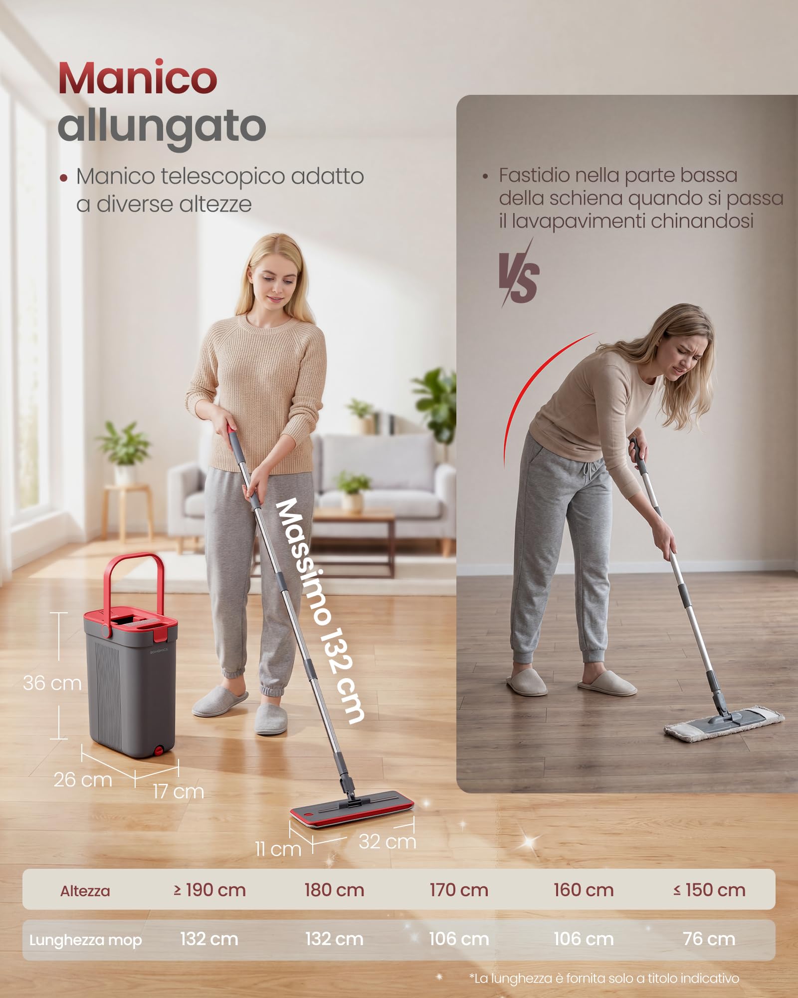 SONGMICS Mocio Lavapavimenti con Secchio, Acqua Pulita/Sporca Separata, Secchio a 3 Scomparti, Strizzatore, Mop Piatto, Testina Girevole a 360°, 5 Panni Microfibra, Grigio e Rosso LMB001GT05