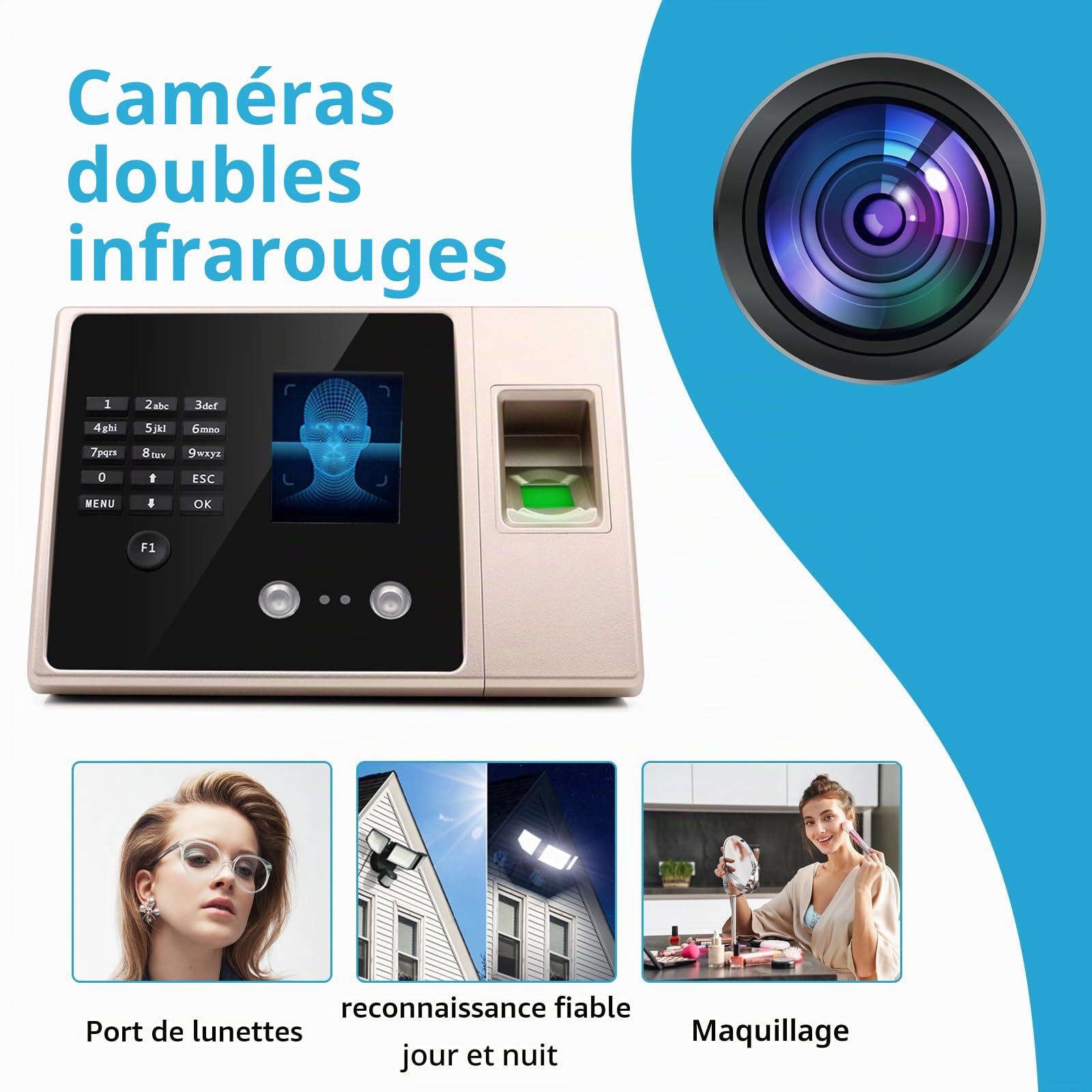 Pointeuse Horaire Personnel 4-en-1, Badgeuse avec Reconnaissance Faciale, Empreinte Digitale, Mot de Passe et Carte, Machine de Pointage Sans Réseau pour Entreprises avec Clé USB