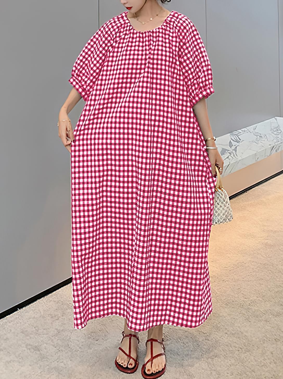 chouyatou Women's Casual Gingham Loose-Fit Swing Dress Cotton Lantern Puff Sleeve Plaid Midi Long Dress - Image 4