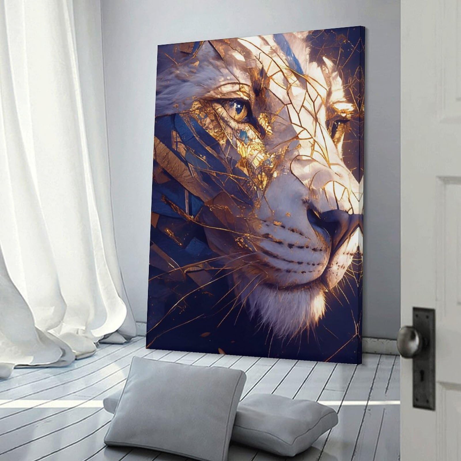 Junmoney Frame-Style-5-1 Abstract Lion Portrait With Gold Accents Poster, Picture, Metal Print, Paint By Creed Wall Picture Print, 12X18inch(30X45cm), For Workspace Walls, Study Corners Or Bedrooms, Wall Art That Adds Style T