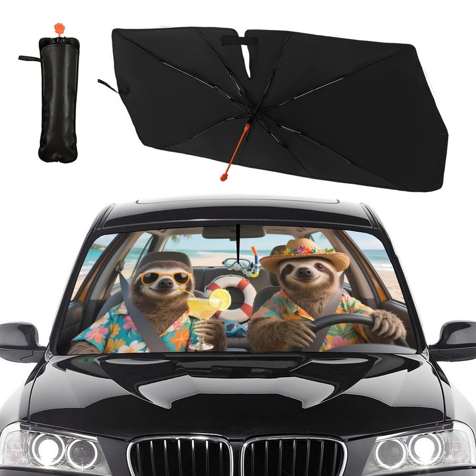 Ombrello parasole per parabrezza dell'auto, con motivo bradipo divertente, con manico pieghevole, con stampa animalier, per auto, blocca i raggi UV, mantiene il veicolo fresco, per la maggior