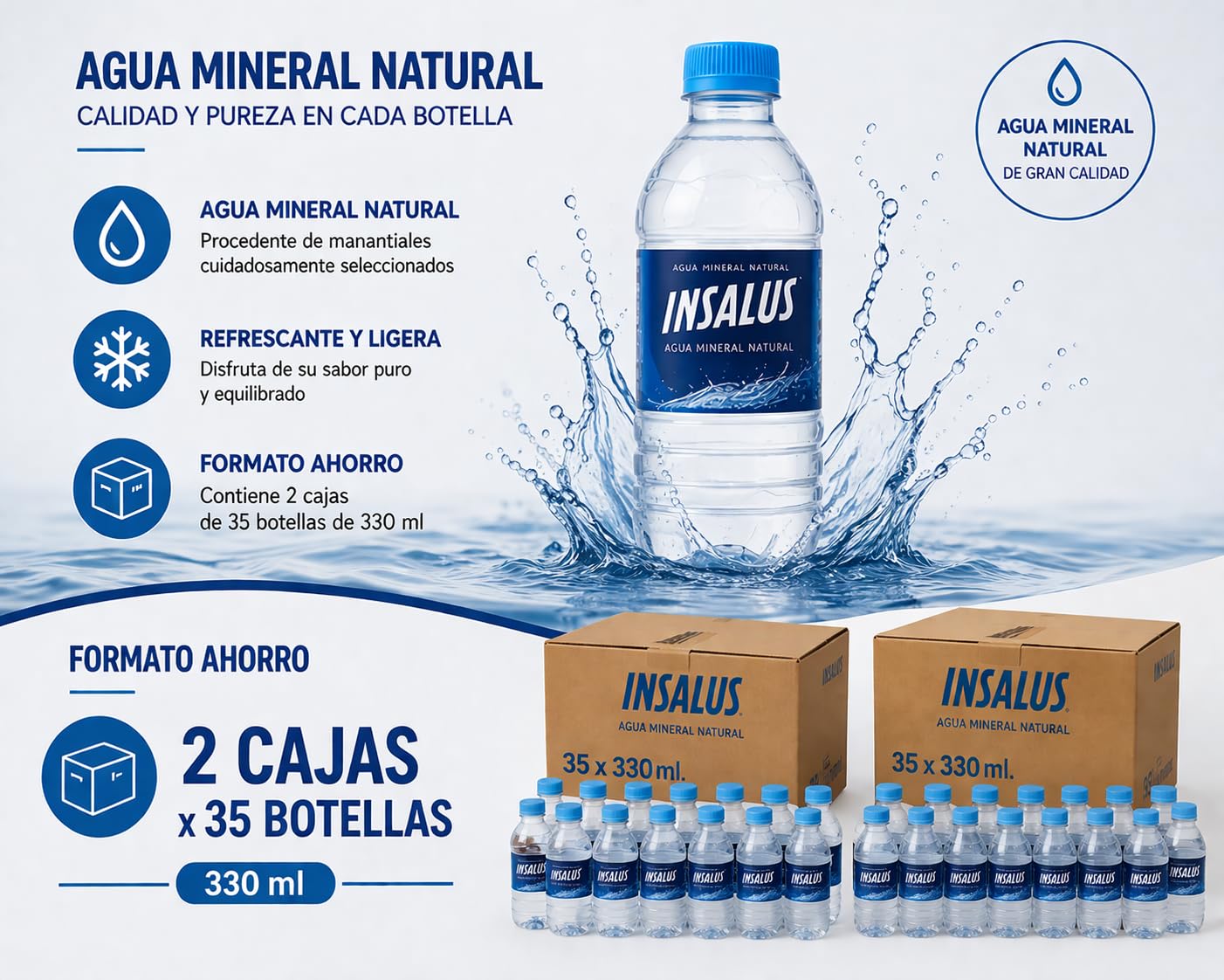 Agua Mineral Natural Insalus 330 ml – Pack 70 Botellas (2 packs de 35 botellas, 23,1 Litros) – Bajo Sodio, pH 7,4, Sin Gas – Ideal para Llevar, Oficina y Eventos