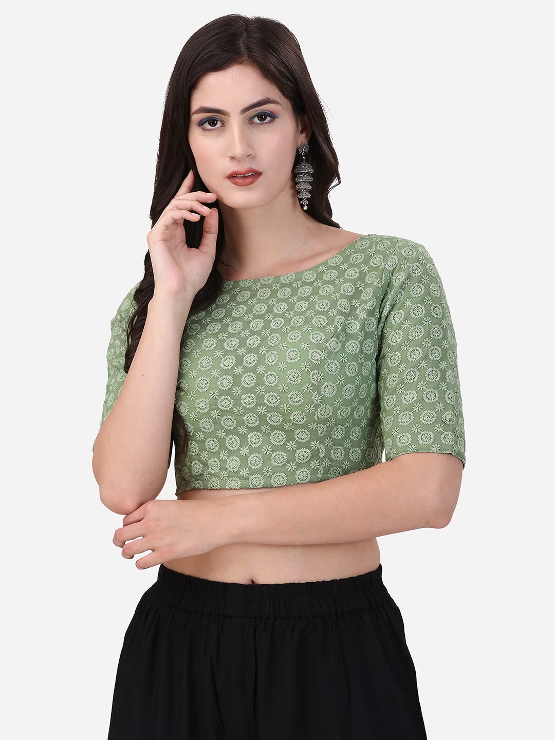 Oomph Traditional Cotton Schiffli Fabric Blouse For Women |Elbow Length Sleeves | Wedding & Festival Wear | Comfortable & Trendy Ethnic Wear | Readymade Blouse For Saree & Lehenga