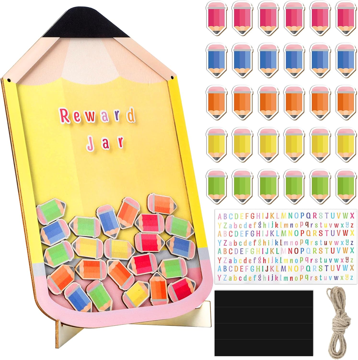 11.8” Pencil Magnetic Reward Jar for Kids 133Pcs Pencil Reward Jars Potty Training Chart with Letter Sticker Classroom Management Tools Incentive Behavior Chart for School Student Teacher Home Supply