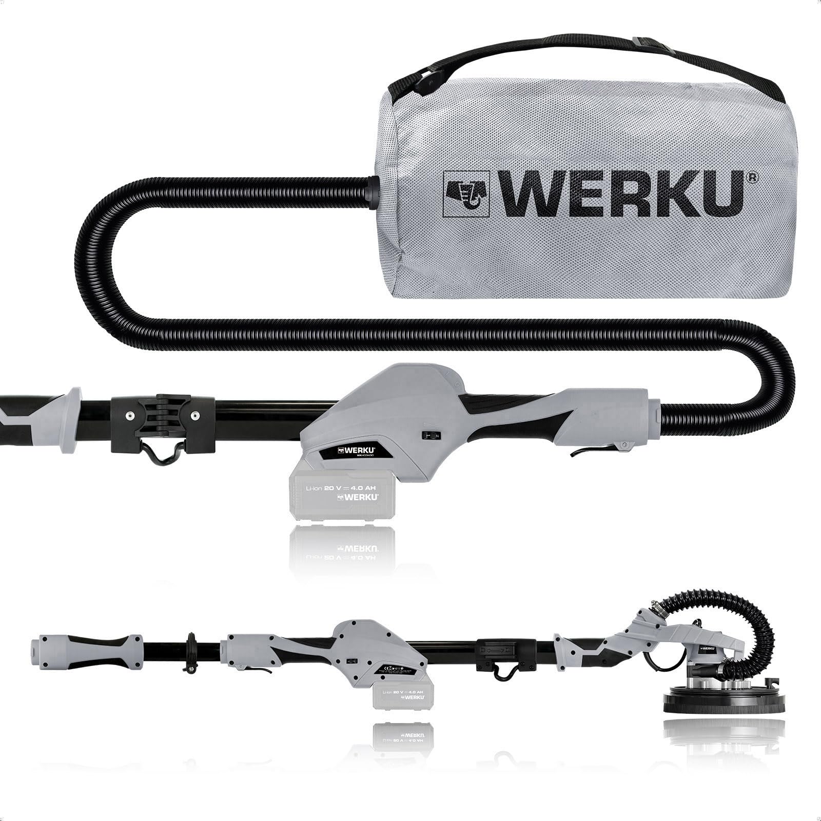 Werku WK403430, Lijadora Circular Paredes-Techos Inalámbrica, Calidad Profesional, Potencia 20 V, Disco 225 mm, Incluye Disco Lijado y Manguera Aspiración, No Incluye Batería y Cargador