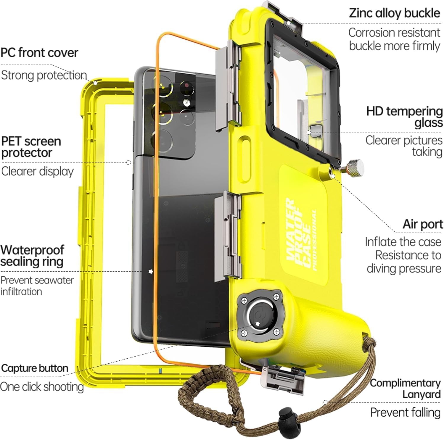 Underwater Phone Case for Snorkeling, Diving Phone Case for iPhone 16/15/14/13/12/11 Pro Max & Samsung Galaxy S25/S24/S23 Ultra/Plus, Professional 50ft Underwater Photo Video Cover, Yellow/Black