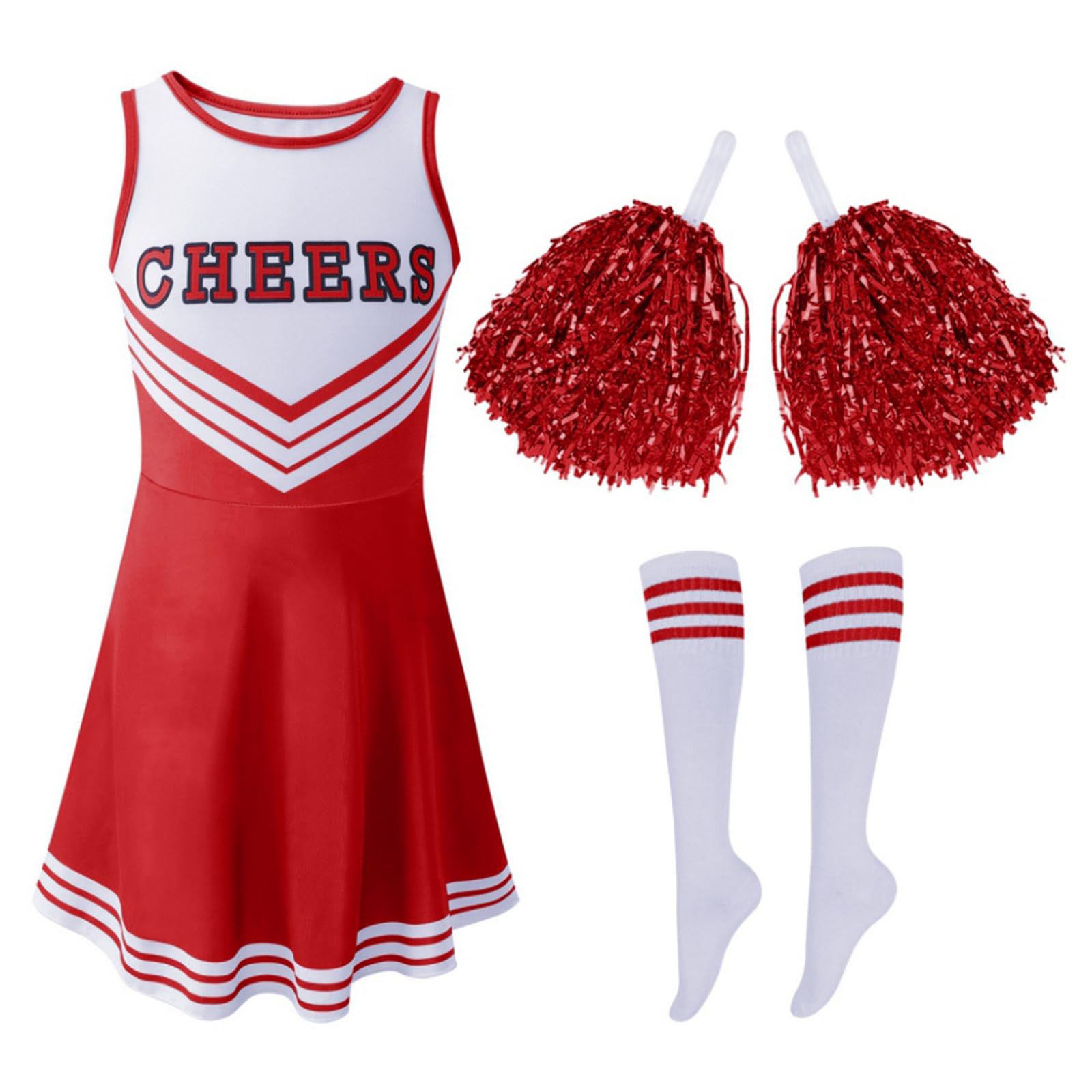 Hovershoes Girl Cheerleader Costume with Cheerleader Pom Poms and Socks, Kids Cheerleading Uniform Outfit School Musical Child Cheer Costume Carnival Halloween Fancy Dress