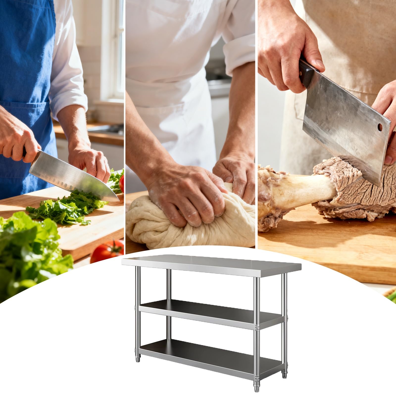 Banco de trabajo de cocina de acero inoxidable, mesa de preparación multifuncional con estante de almacenamiento de tres niveles y patas ajustables, ideal para cocinar y preparar alimentos
