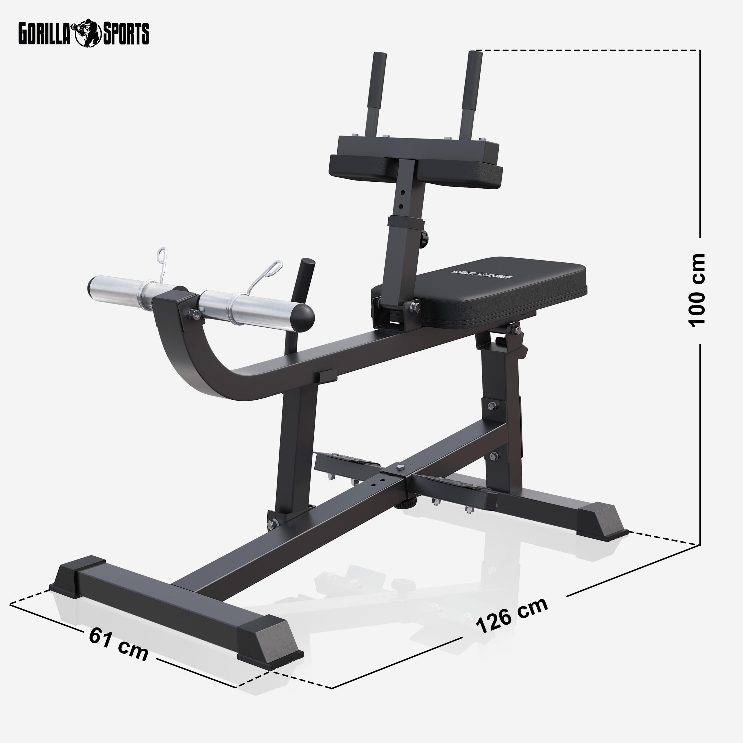 Gorilla Sports® Panca per Polpacci - 126 x 61 x 100 cm, Regolabile in Altezza in 5 Posizioni, con Supporto per Dischi Pesi da 30mm e 50mm, 2 Chiusure a Molla, Nero - Calf Machine, Palestra, Fitness