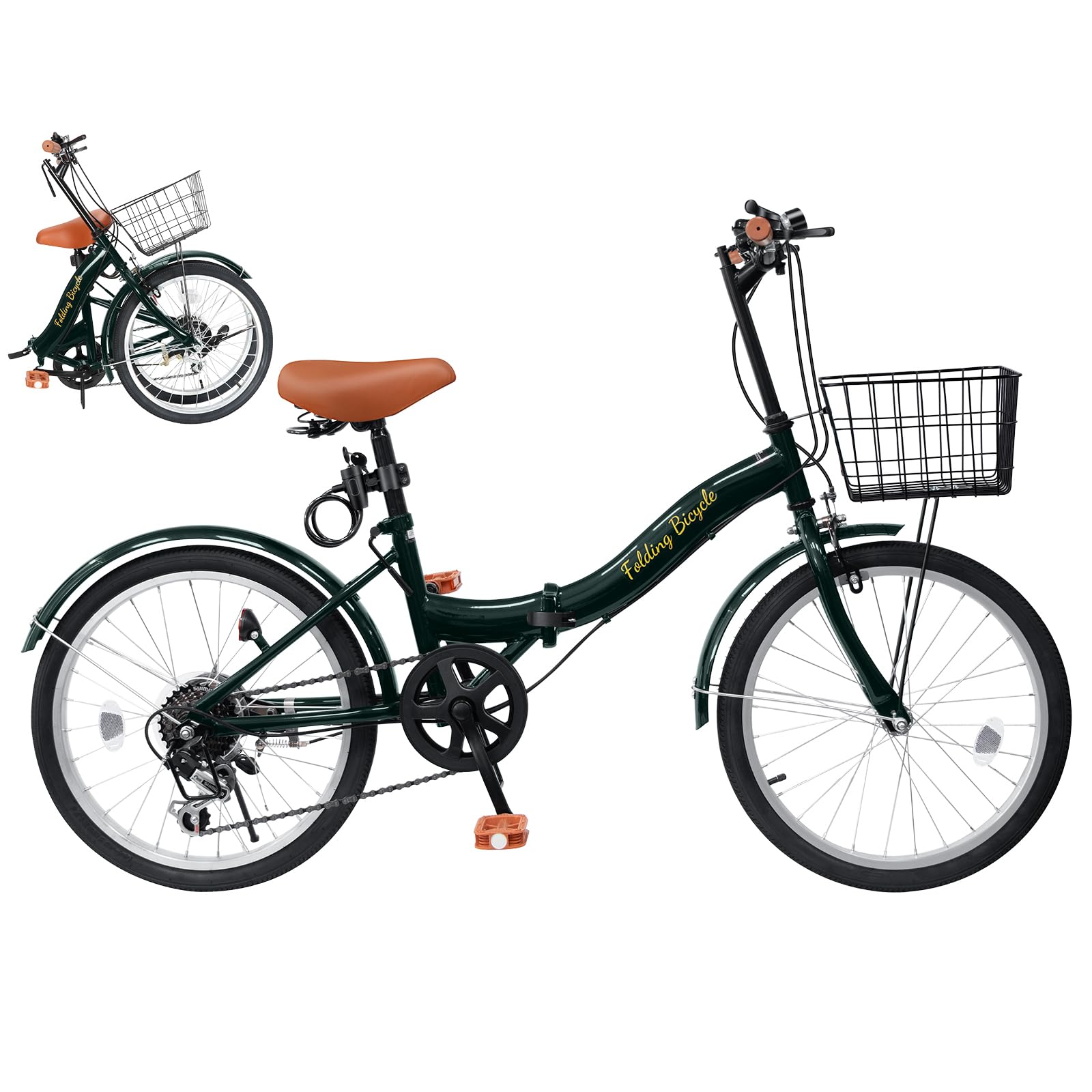 Mixiu 折りたたみ自転車 20インチ/24インチ 軽量 素早く折畳可能 P-O9 シマノ 7段変速 折り畳み自転車 高炭素鋼フレーム 高さ調節可能なハンドルステムとサドル 折畳み自転車 空気入れ、ライト、カゴ、ワイヤロック付属 男女兼用 通勤 通学 サイクリング (ダークグリーン, 20)