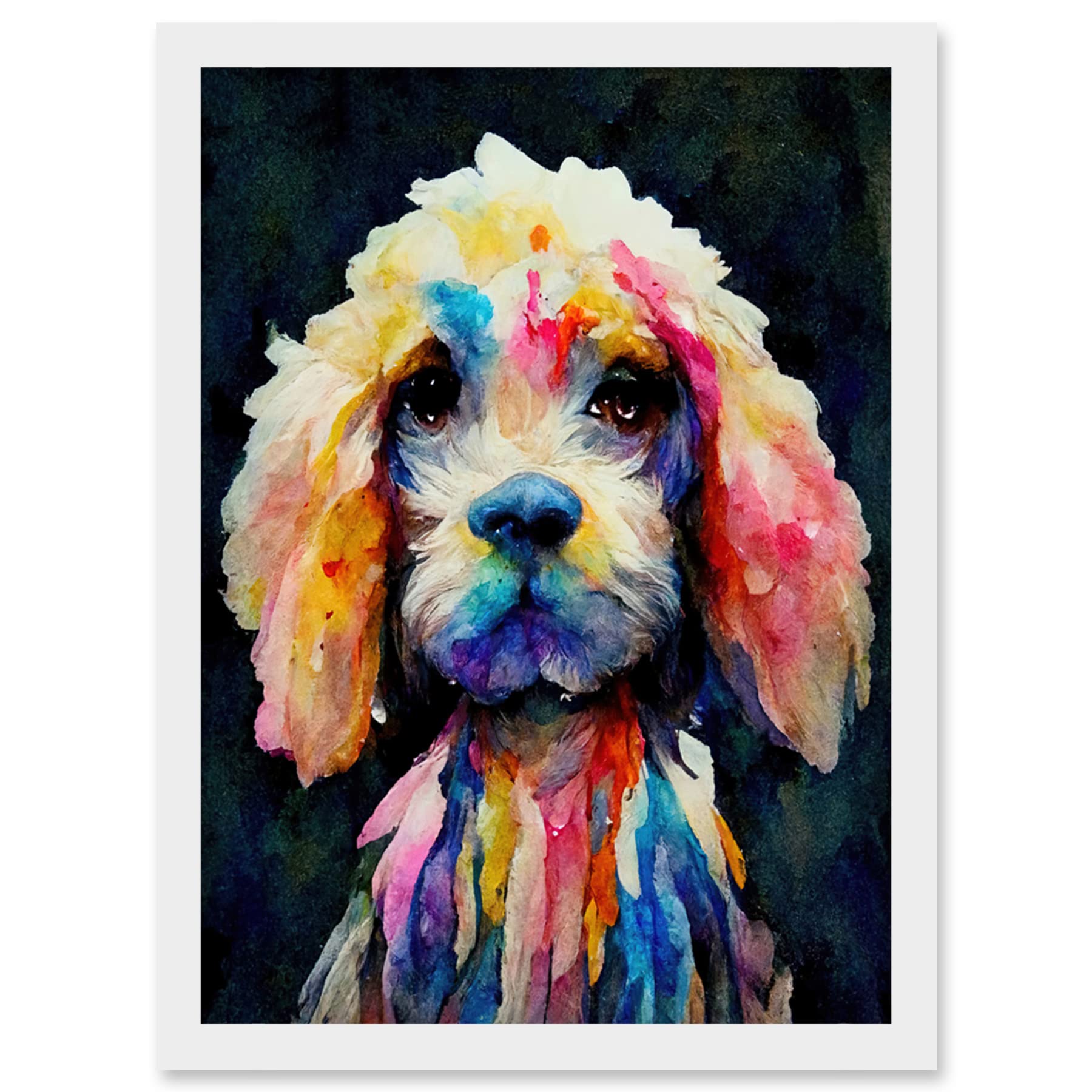 Wee Blue Coo Bright Abstract Colourful Dog Spaniel Cavapoo Cockapoo Artwork Framed Wall Art Print A4