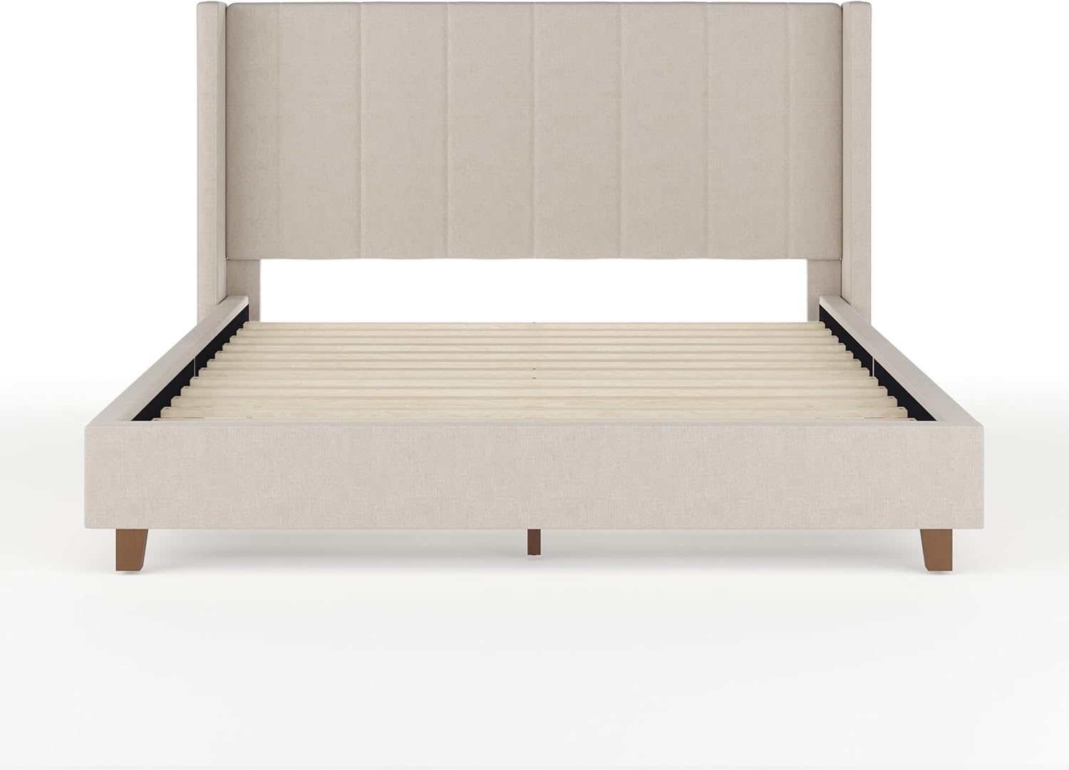 Martha Stewart Kay Low Profile Platform Bed with Wingback Headboard, Channel Stitched Faux Linen Upholstery, No Box Spring Needed, Queen, Beige - Image 9