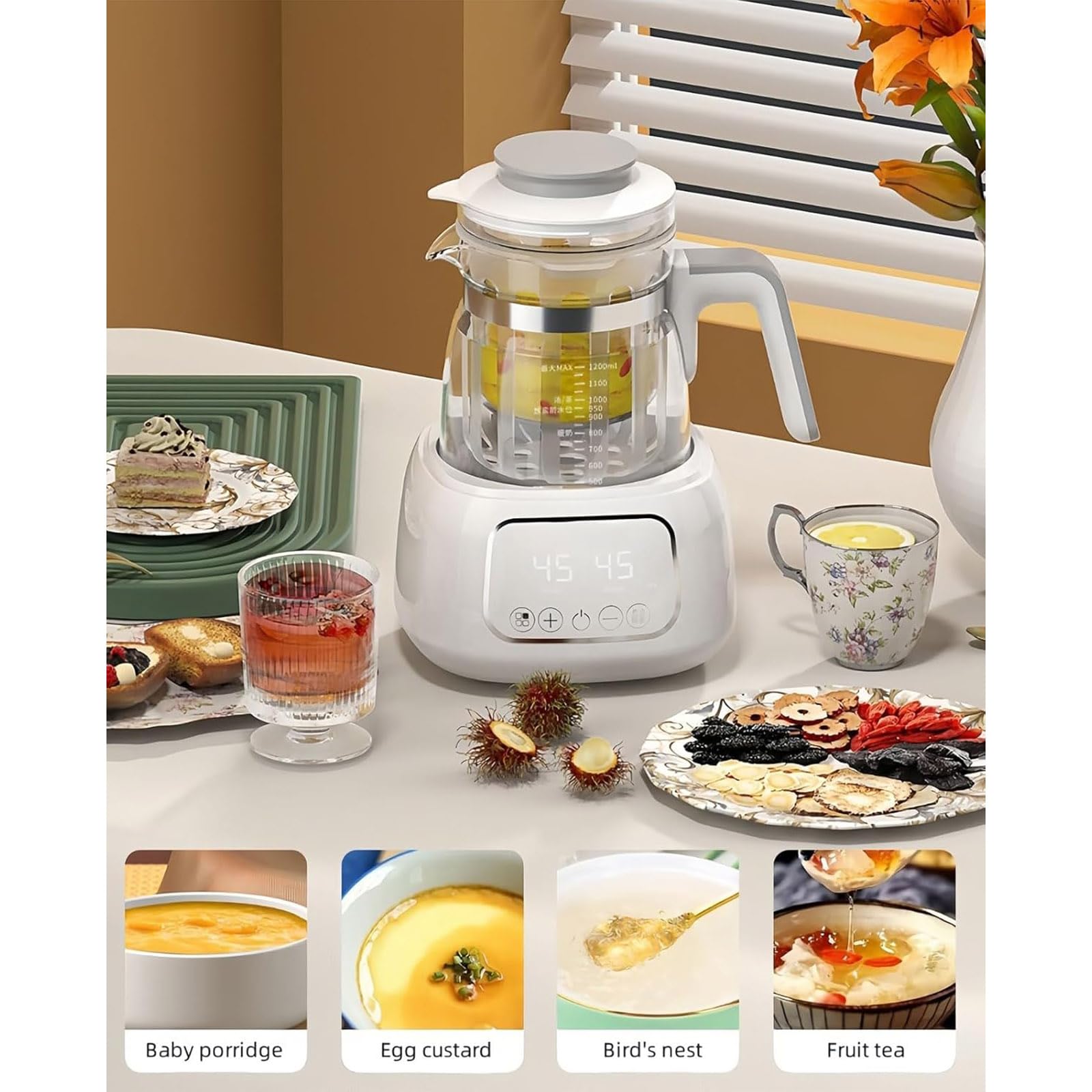 bollitore Elettrico in Vetro 1.3L con Controllo della Temperatura, 72H Mantenere Caldo, bollire Veloce, Display Touchscreen, Materiale borosilicato Sicuro, Bianco