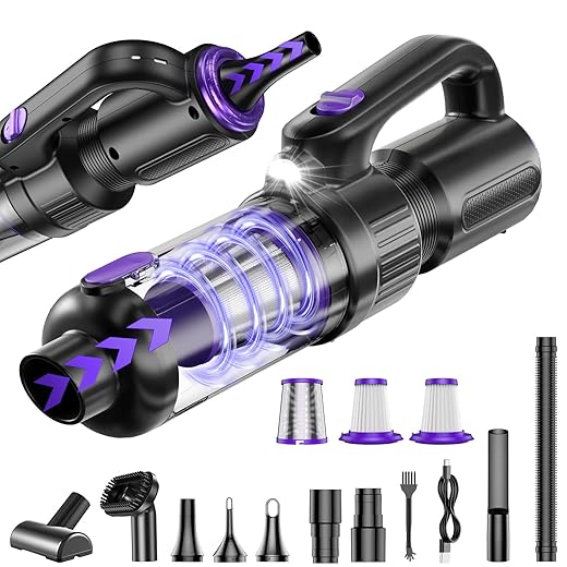 Car Vacuum Portable Cordless, 20000Pa Mini Vacuum Cleaner & Air Duster, 130W Brushless Motor Handheld Vacuum Cordless with LED Light, 7800mAh Battery, Multi-Nozzles for Car, Office, Home, Pet