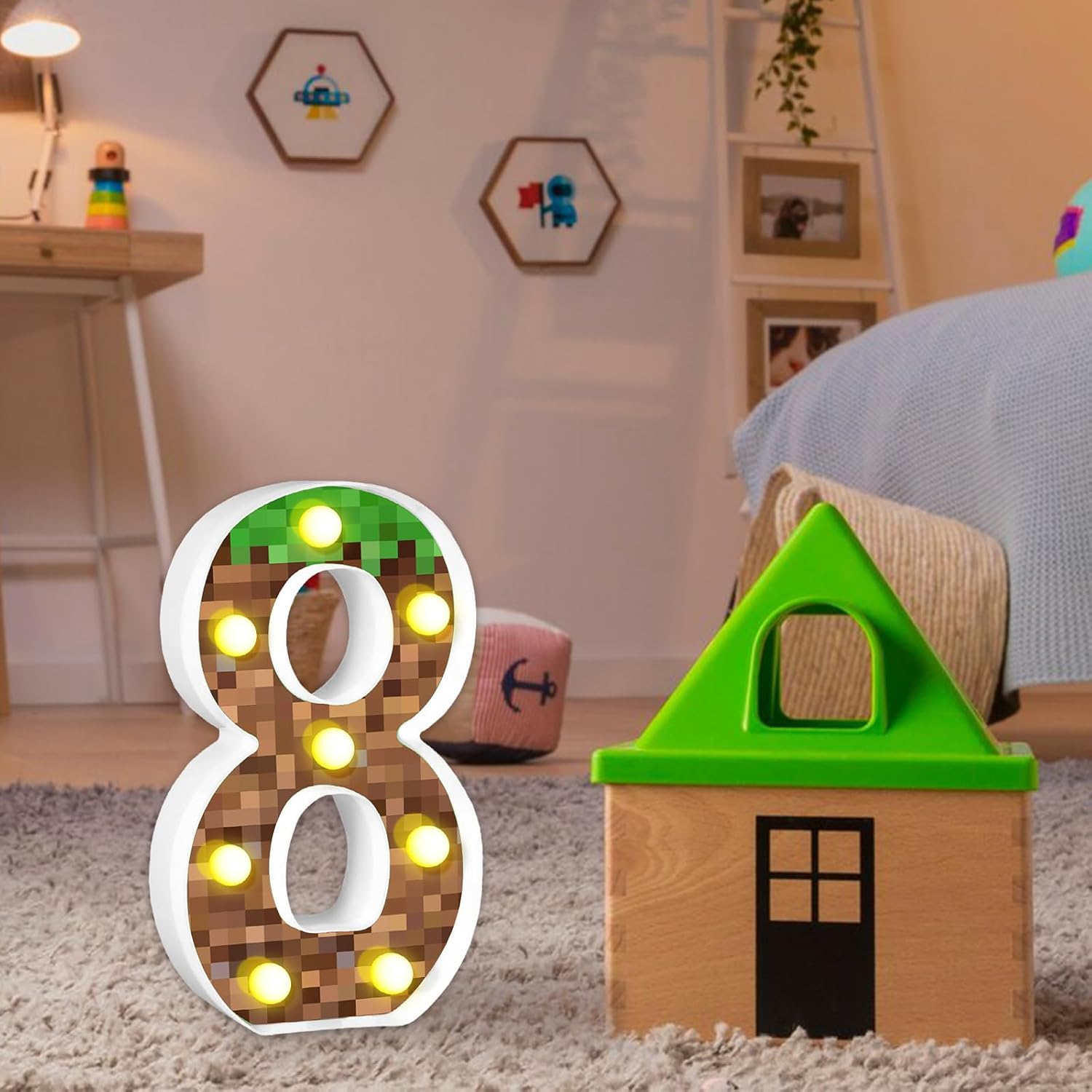 8.5" Pixel Game Party Decorations Light up Numbers Marquee Number Lights Sign Pixel Theme Birthday Party Supplies Table Centerpieces Pixel Pattern Game Theme Night Light for Home Decor (Number 8) image 3