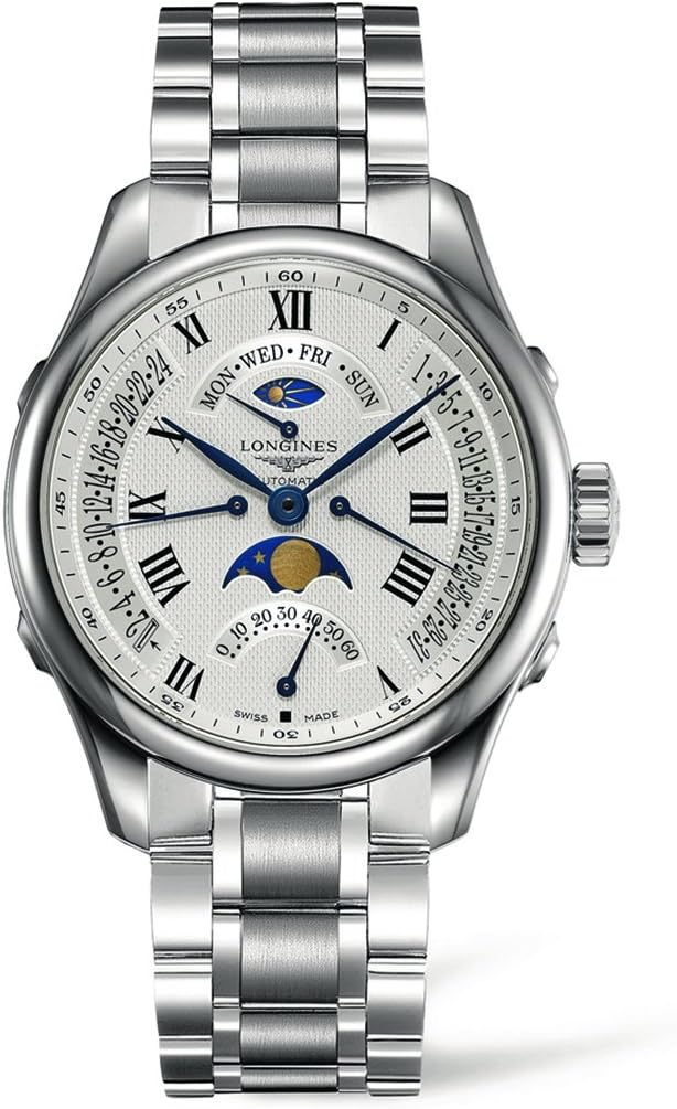 Master Collection - L2.738.4.71.6 - Stainless Steel White Dial Day Date Moon Phase Automatic Men's, White, Modern